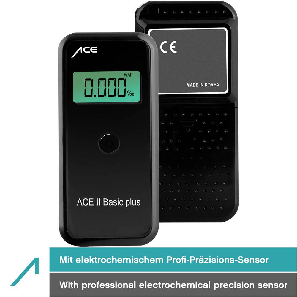 'ACE II Basic plus' alcoholtester met elektrochemische precisiesensor, display toont 0,000‰, tekst: 'Met elektrochemische professionele precisiesensor'.