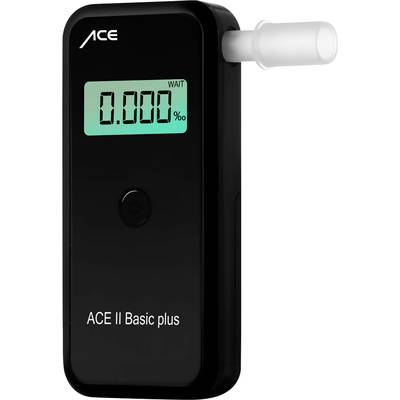 Een zwarte alcoholtester met digitaal display dat '0.000‰ WAIT' weergeeft. Modelnaam 'ACE II Basic plus' onderaan zichtbaar.