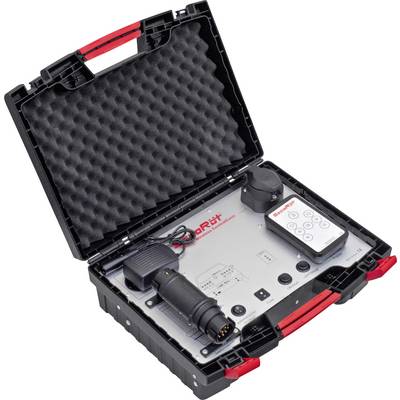 Geopende zwarte gereedschapskist met rode handgreep toont technisch apparaat en afstandsbediening. Apparaat wordt gebruikt voor machinediagnose.