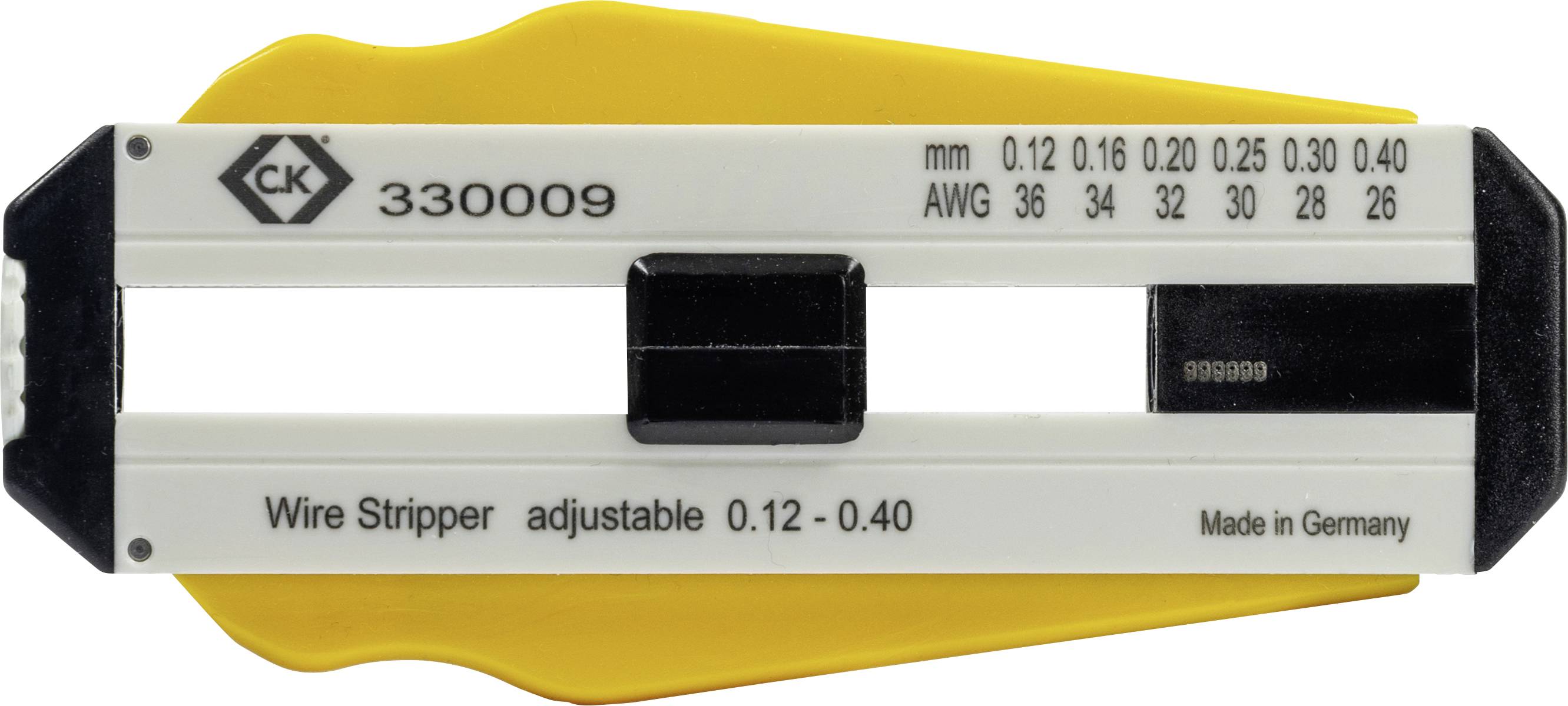 'Gele draadstripper met nummer 330009, flexibel instelbaar voor draaddiameters van 0,12 tot 0,40 mm, vervaardigd in Duitsland.'