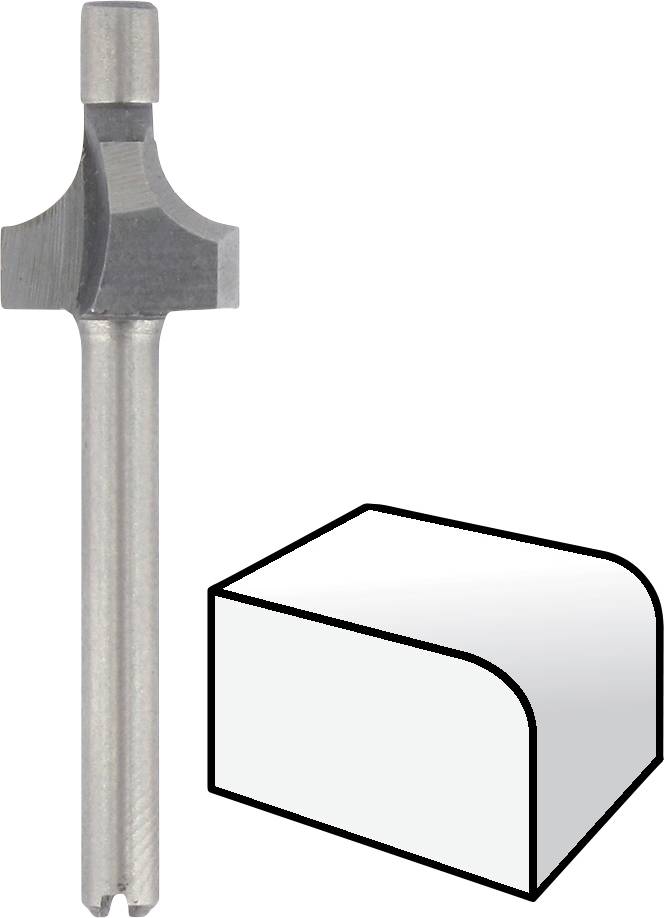 Boor met een afgeronde freeskop, naast een schematische weergave van een afgerond slijtageprofiel.