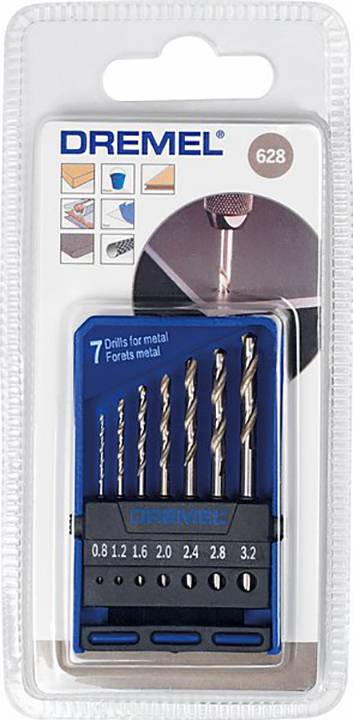 Dremel borenset voor metaal, bestaande uit zeven spiraalboortjes van verschillende afmetingen, verpakt in een transparante blisterverpackaging.