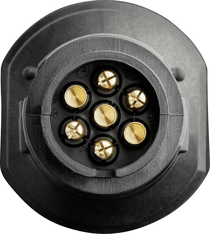 Close-up van een elektrische stekkerverbinding met zes gouden contactpennen, die wordt gebruikt voor het overdragen van signalen of stroom.