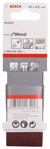 'Bosch schuurpapier verpakking met opdruk 'best for Wood', formaat 40 x 305 mm, Made in Switzerland.'
