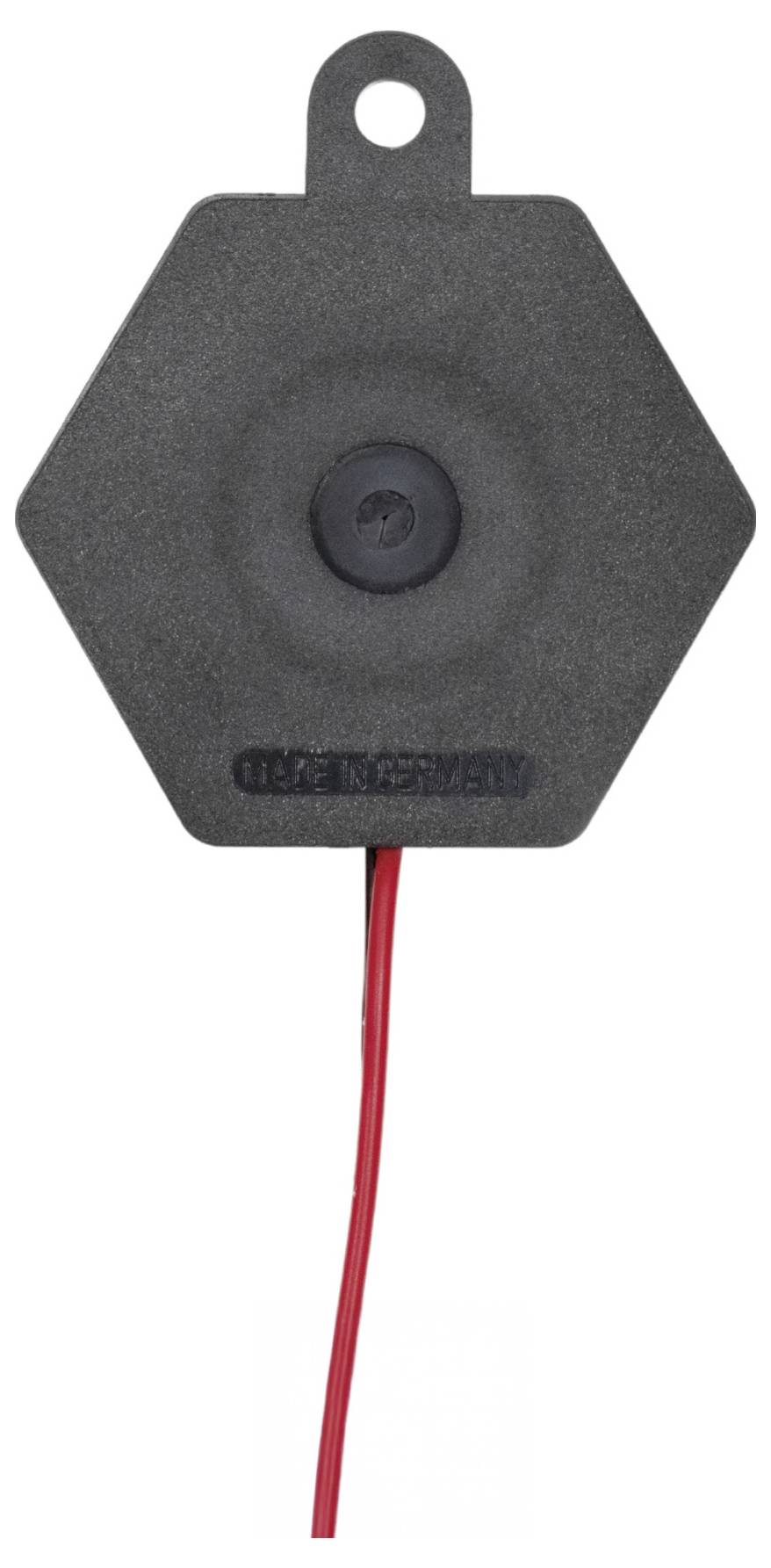 Een zeshoekige zwarte sensor met een rood kabel onderaan.