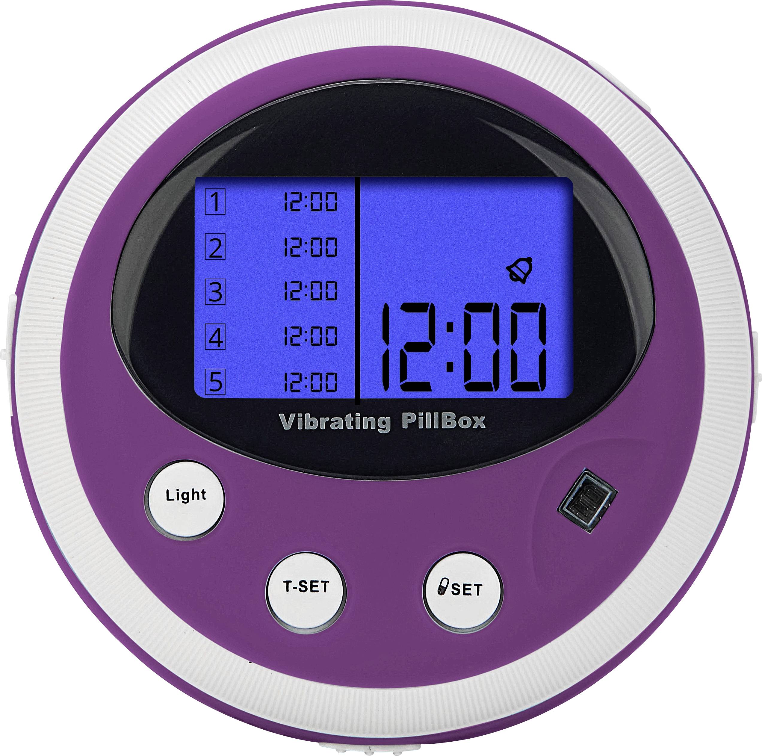 Violette elektronische pillendoos met LCD-scherm, toont vier alarmmomenten om 12:00 uur. Drie knoppen: 'Light', 'T-SET', '⌀SET'.