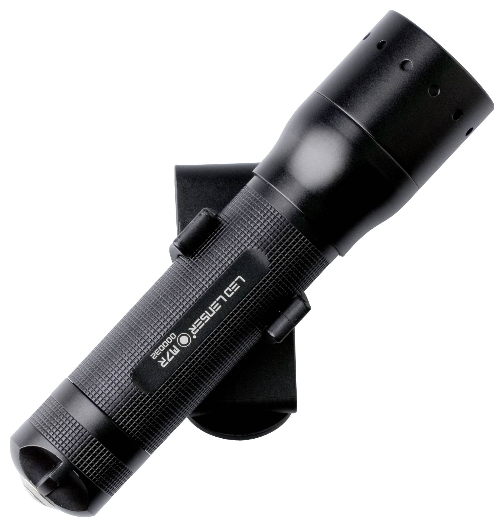 Zwarte LED-zaklamp met gestructureerd handvat.