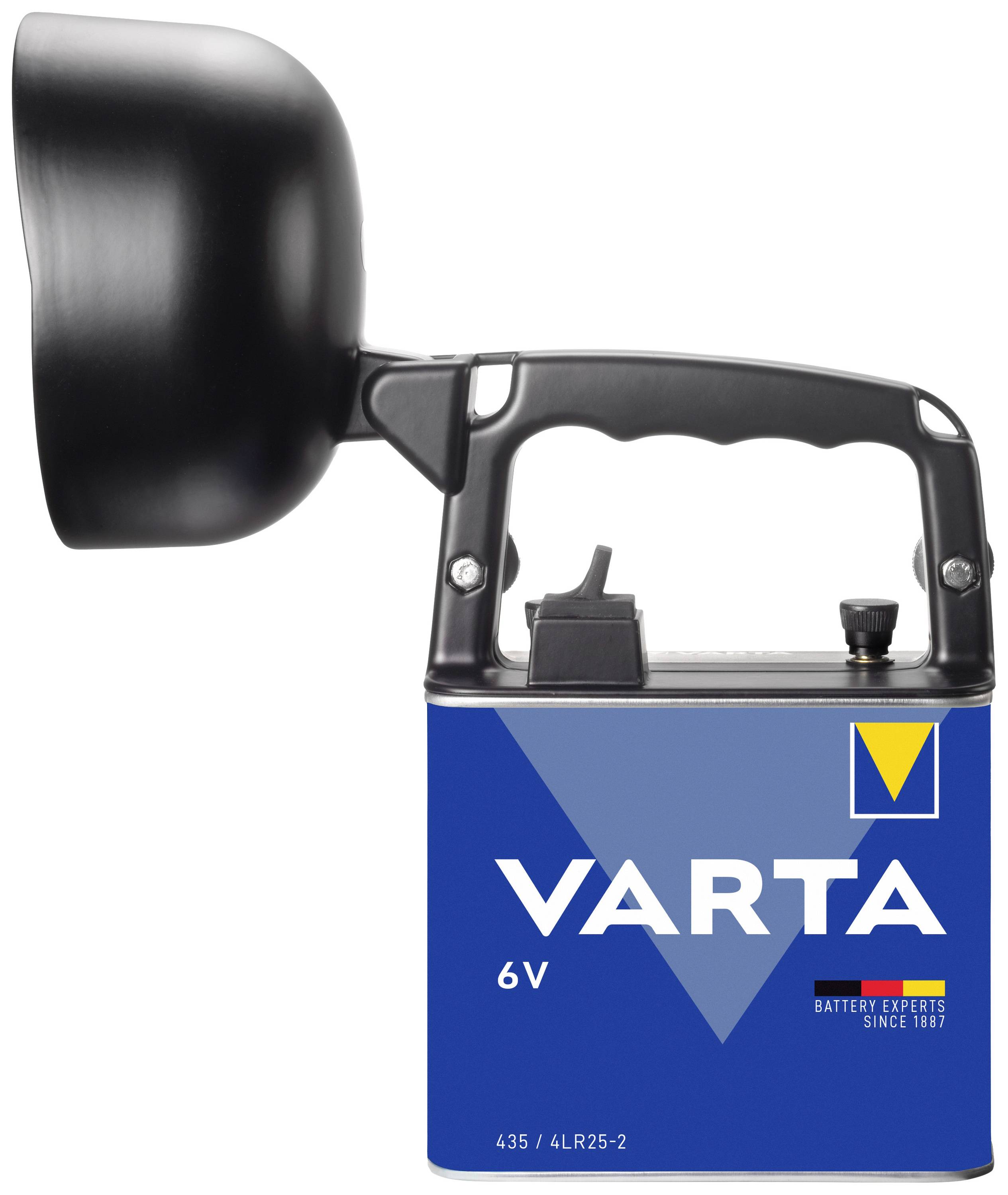 Een zwarte zaklamp met een 6V Varta-batterijencompartiment eronder.