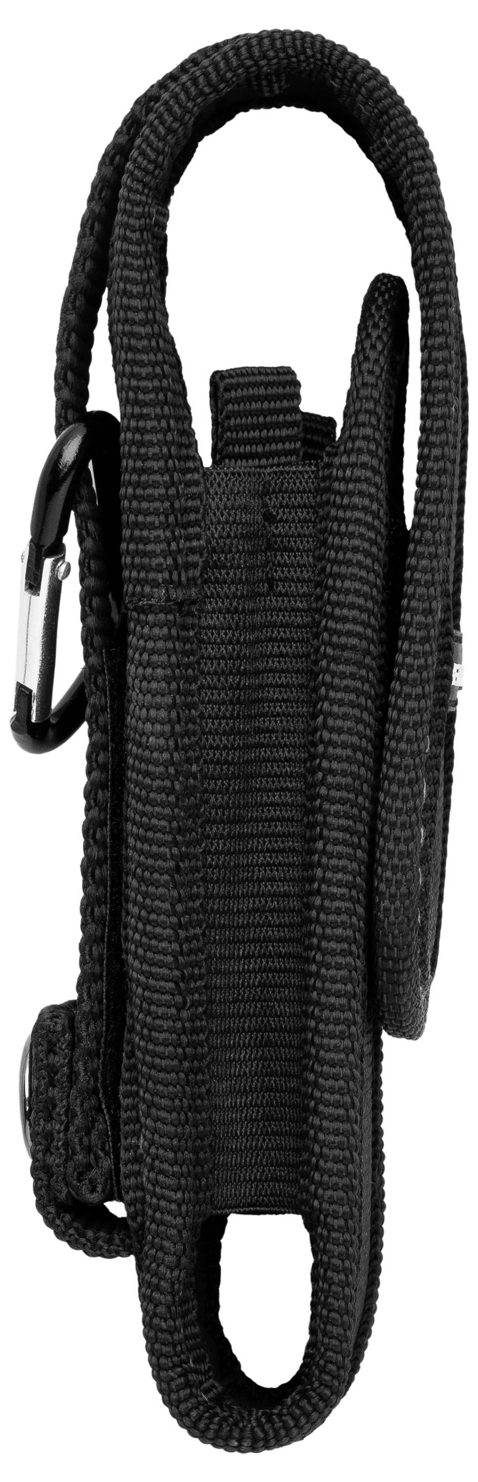 Zwarte nylon etui met karabijnhaak, gefotografeerd van opzij. Geschikt voor het opbergen van kleine gereedschappen of apparaten.