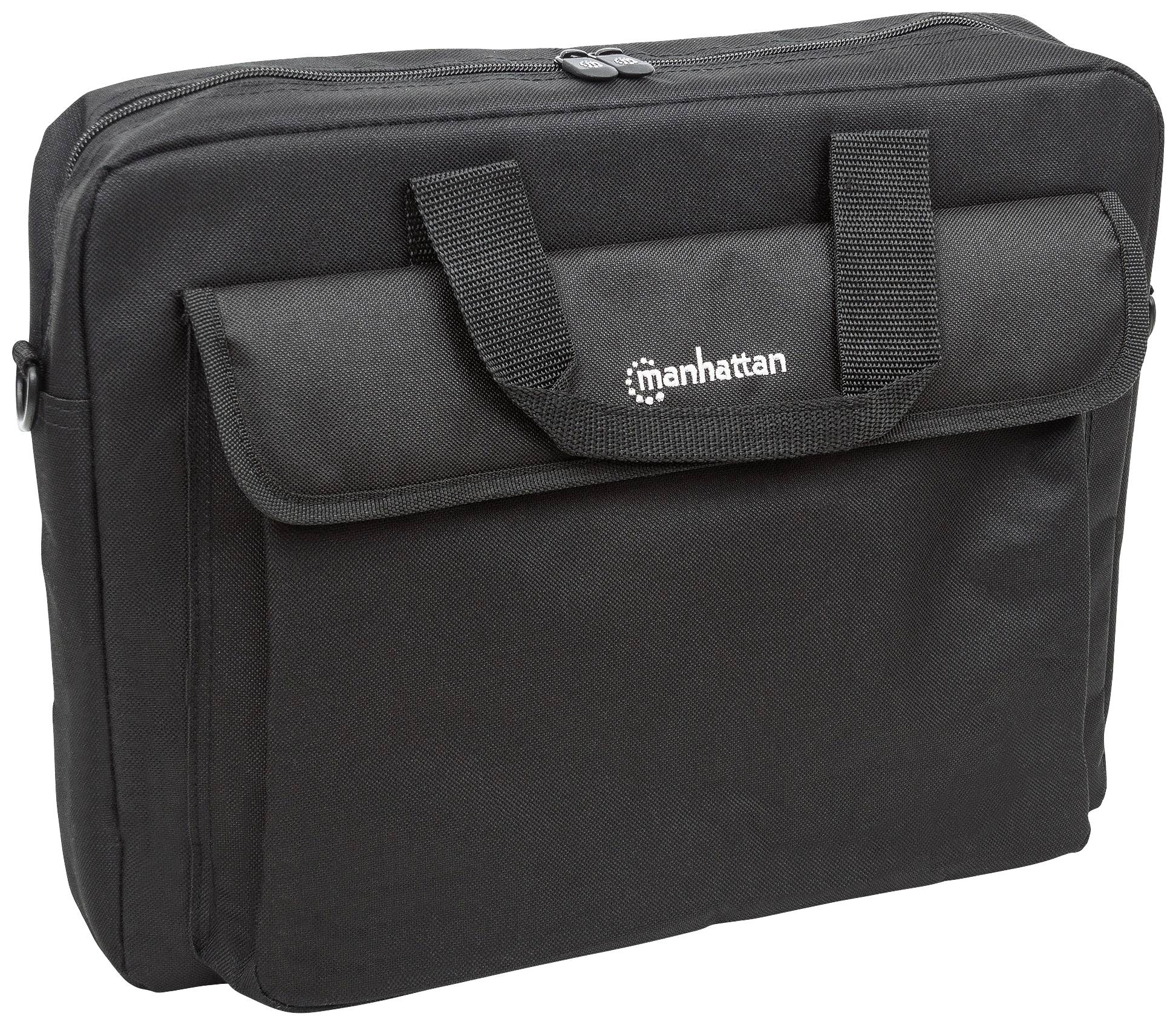 Zwarte laptoptas met twee korte handgrepen en een groot voorvak. Bovenaan is de rits zichtbaar, op de tas staat 'Manhattan'.
