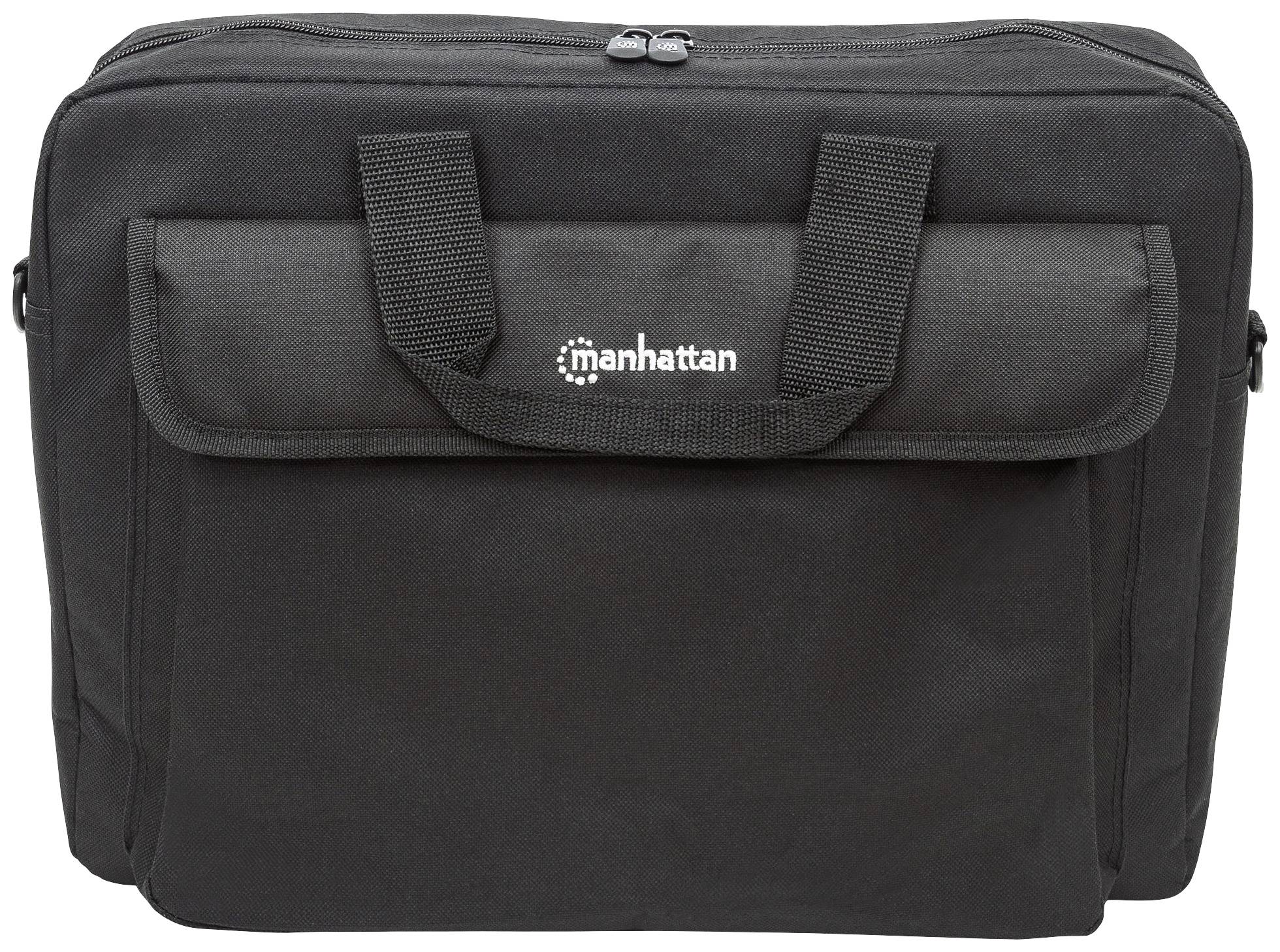 Zwarte laptoptas met twee handgrepen en een ritsvak aan de voorkant, strak design met 'Manhattan'-logo in het midden.