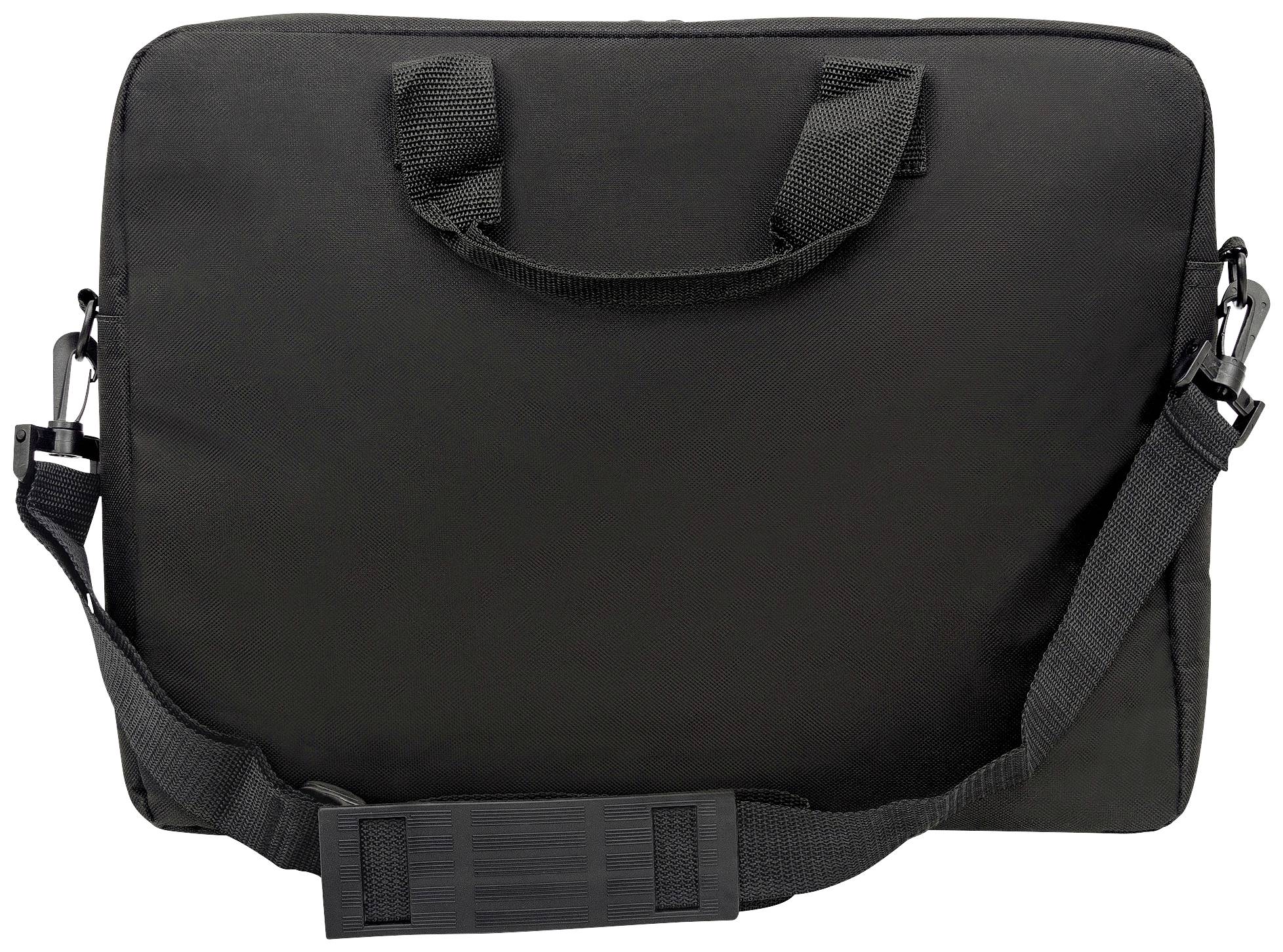 Een eenvoudige zwarte laptoptas met handgreep en schouderband, afgebeeld op een neutrale achtergrond.