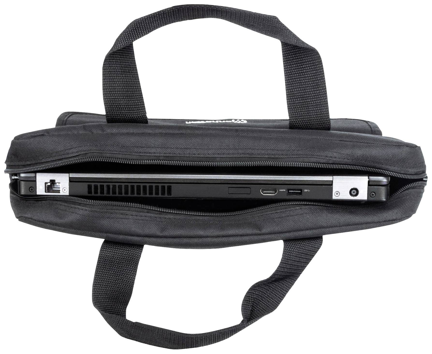 Een zwarte draagtas, licht geopend, toont een laptop van bovenaf. De tas heeft twee handvatten en zichtbare ritssluitingen.