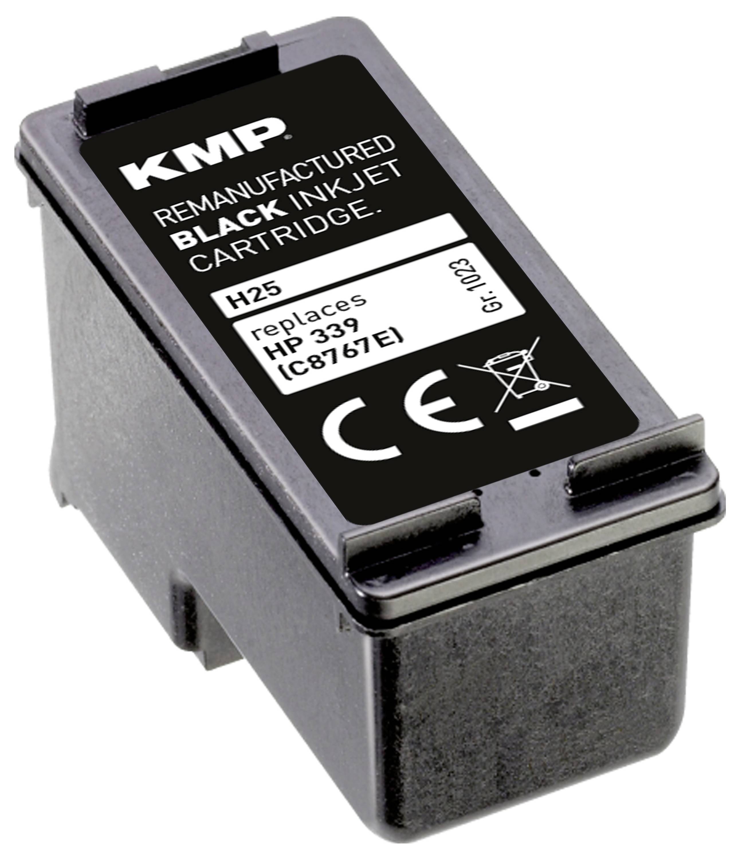 Zwarte inktcartridge met het opschrift 'KMP, Remanufactured Black Inkjet Cartridge, H25, vervangt HP 339 (C8767E), CE, gr.023'.