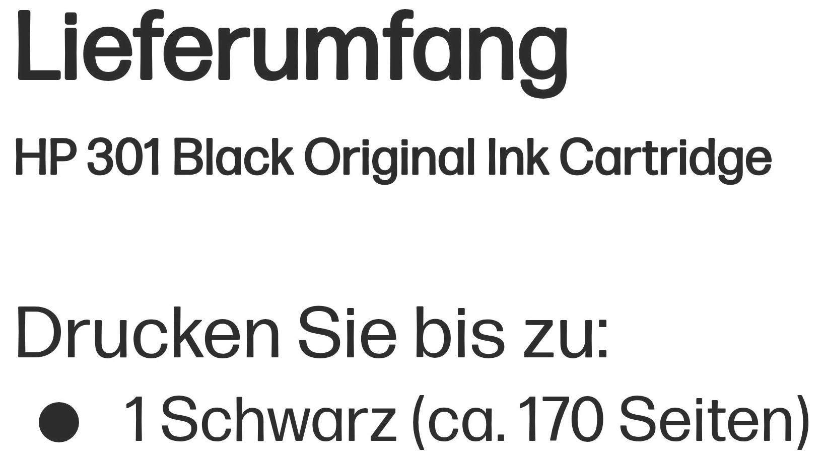 Duitse productdetails met 'Lieferumfang' voor HP 301 zwarte originele inktcartridge en 'Drucken Sie bis zu: 1 Schwarz (ca. 170 Seiten)' met een zwarte stip