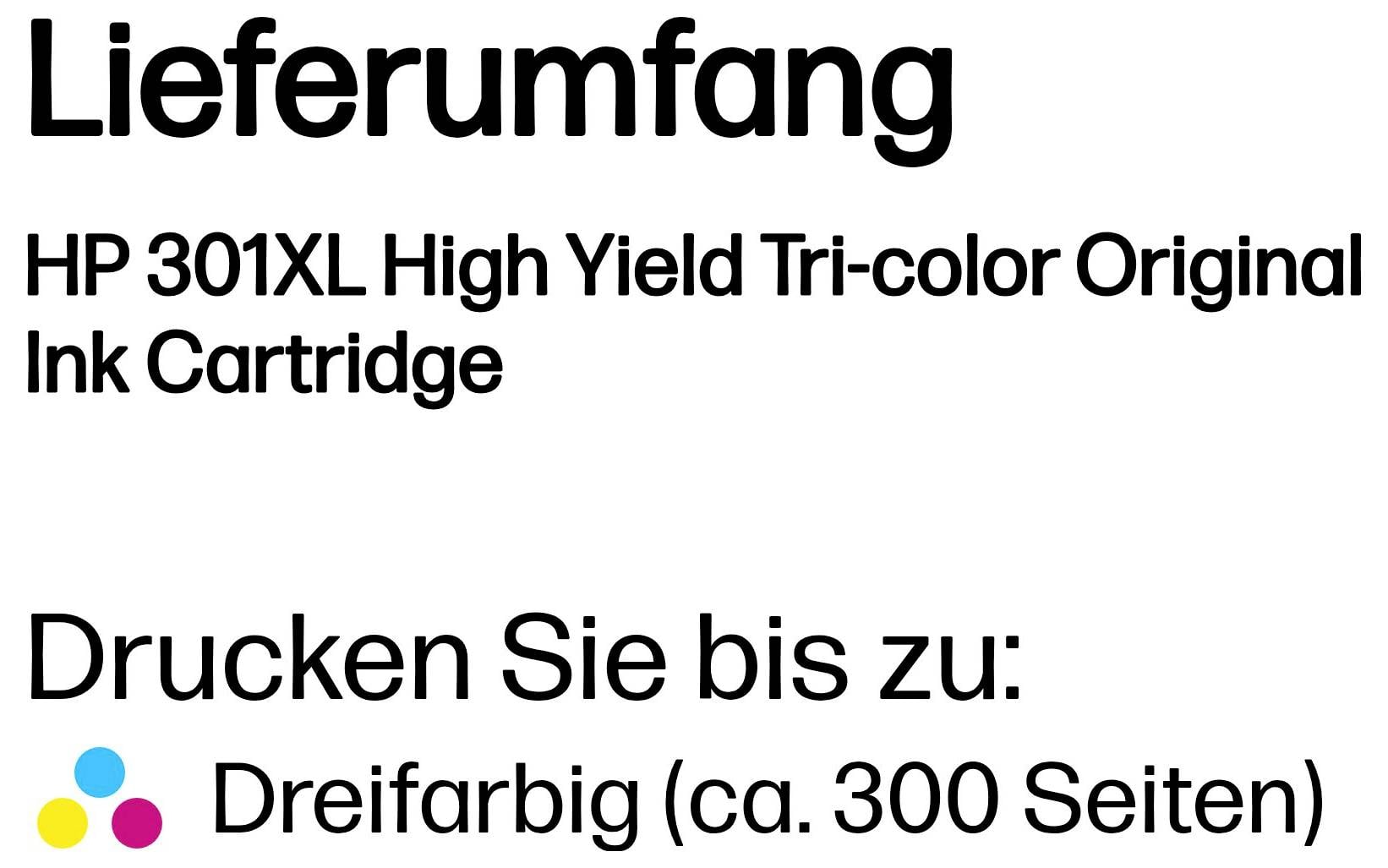 Duitse productinformatie voor de HP 301XL originele inktcartridge met hoge capaciteit in drie kleuren, met een paginaopbrengst van maximaal 300 pagina's en drie inktkleuren.