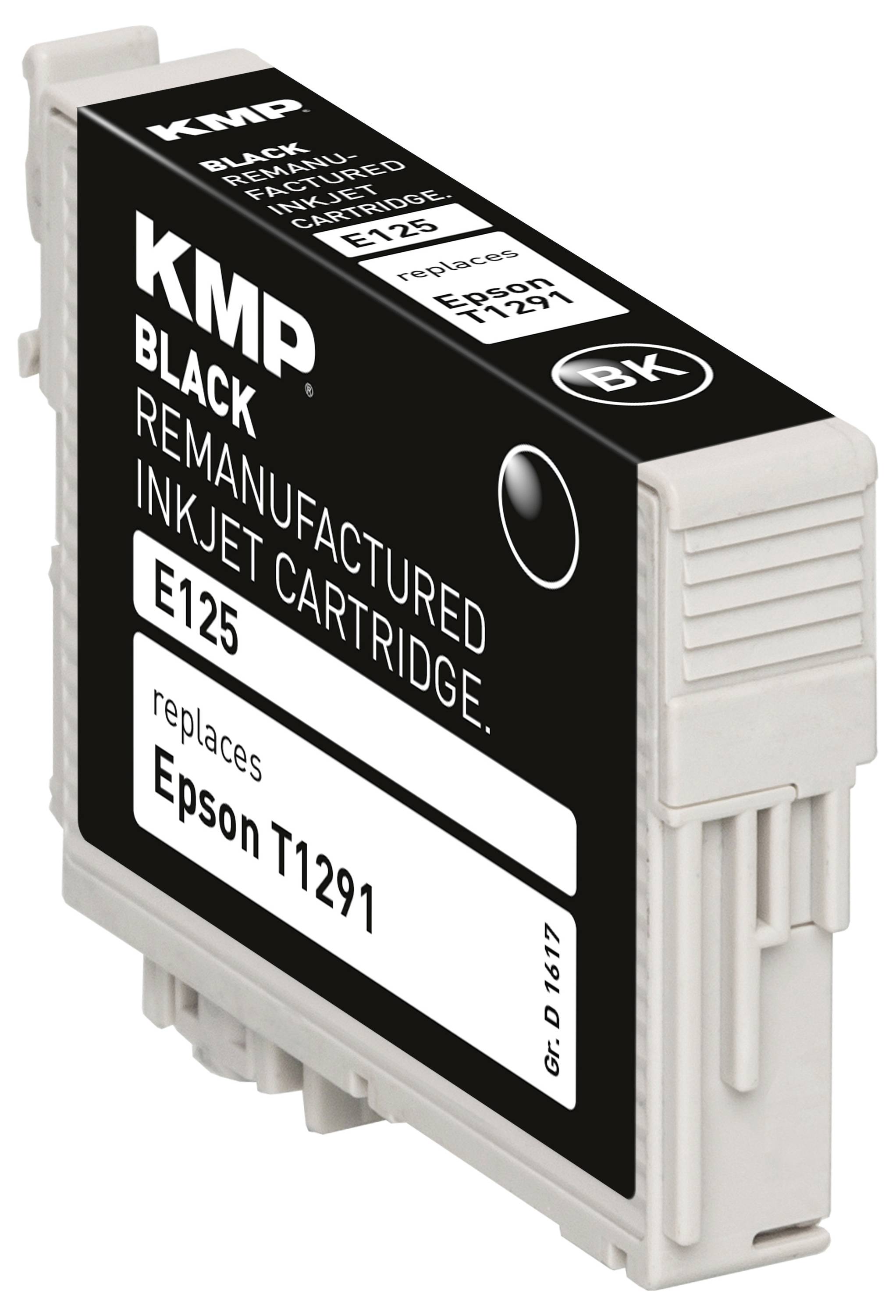 Zwarte inkjetcartridge met etiket met tekst 'KMP Black Remanufactured Inkjetcartridge E125 vervangt Epson T1291.'
