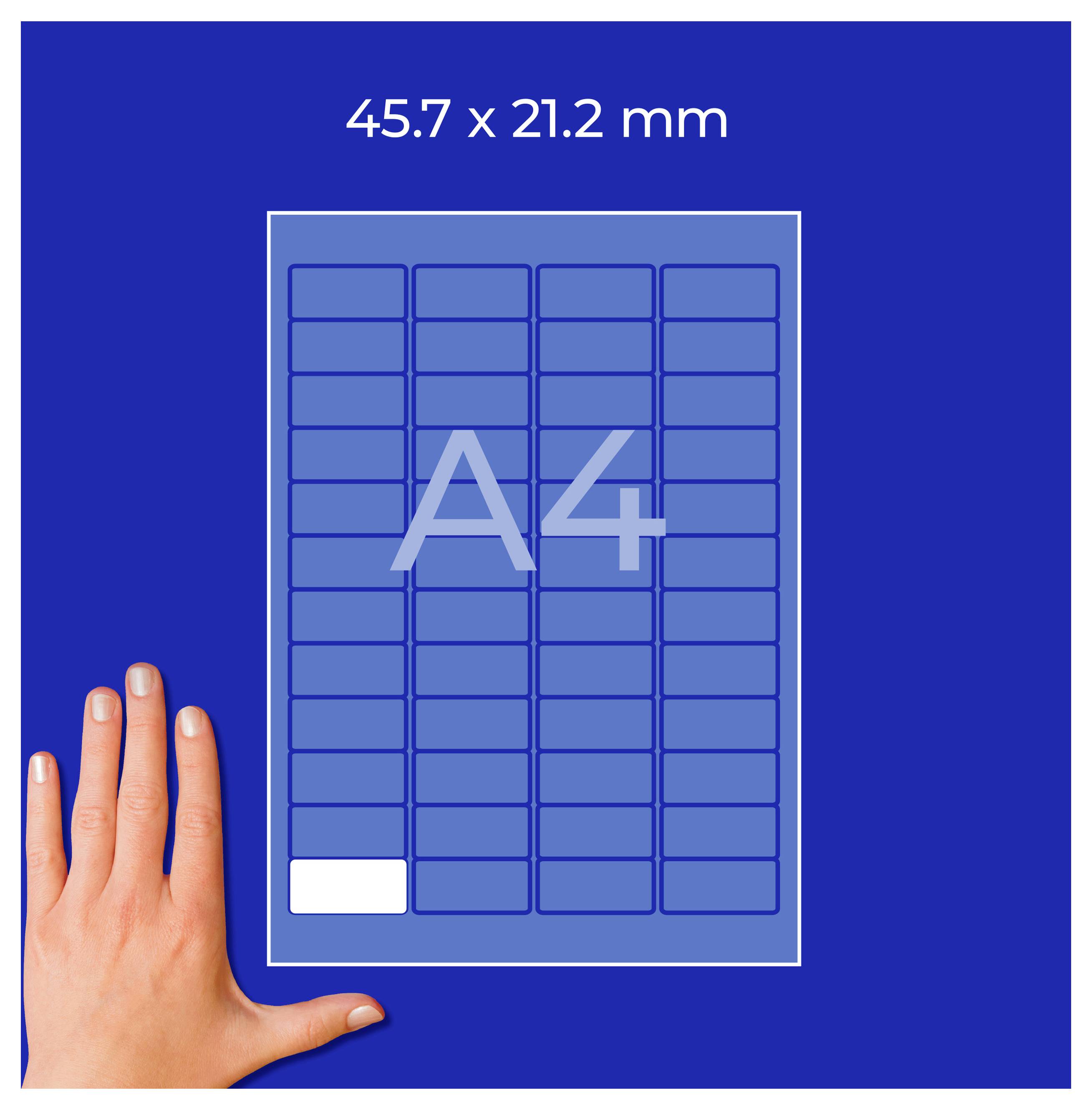 Illustratie van een A4-formaat: 45,7 × 21,2 mm, met maatrooster en hand als groottevergelijking.