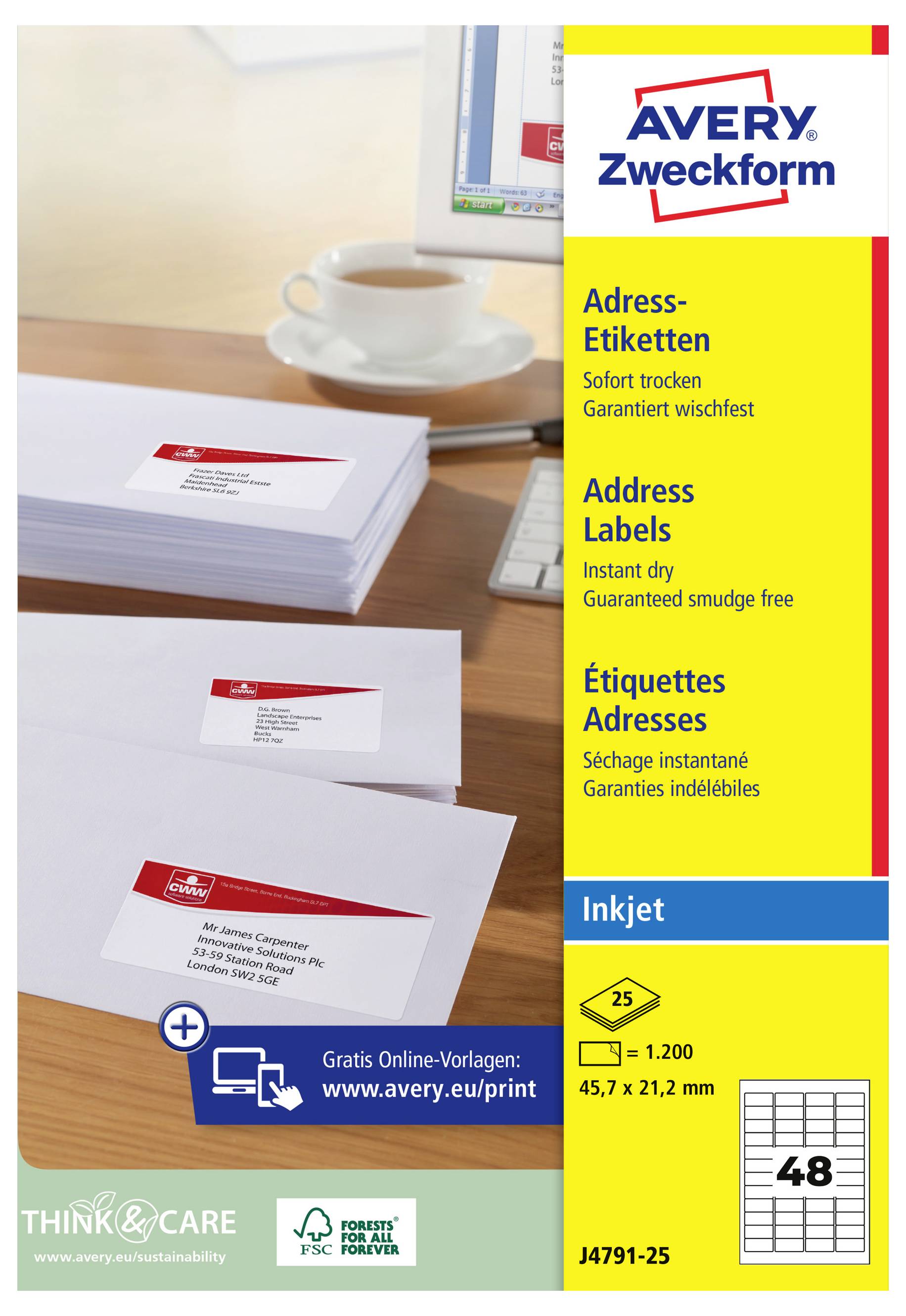 Avery Zweckform adresetiketpakket met blanco witte etiketten voor inkjetprinting, met productnaam, afmeting 45,7 x 21,2 mm, en 48 etiketten per vel.