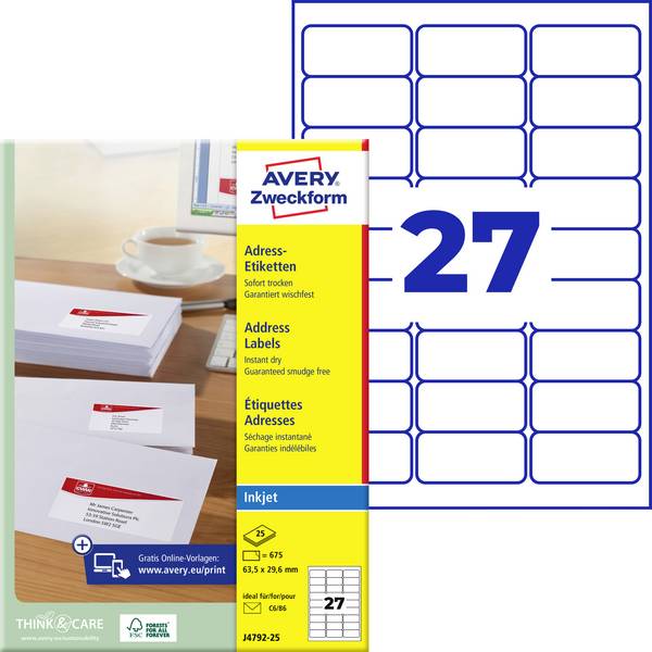 Avery-Zweckform Adresetiketten J4792-25 (N/A ),Wit, Rechthoek, Afgeronde hoeken, 675 stuk(s), Permanent hechtend