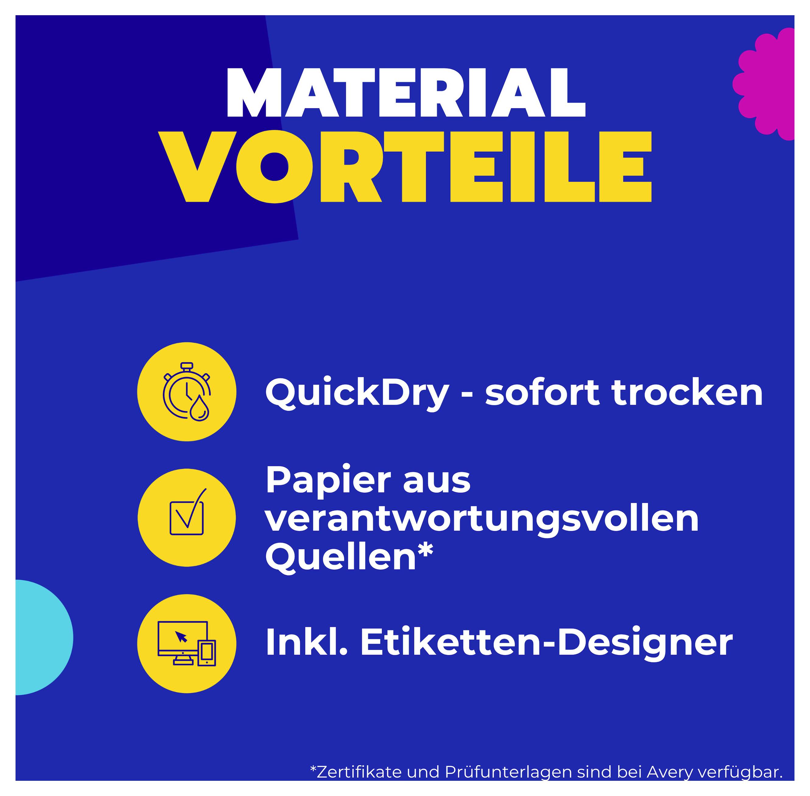 Infografiek 'Materiaalvoordelen' met drie punten: 'QuickDry - onmiddellijk droog', 'Papier uit verantwoorde bronnen*' en 'Inclusief labelontwerper'.