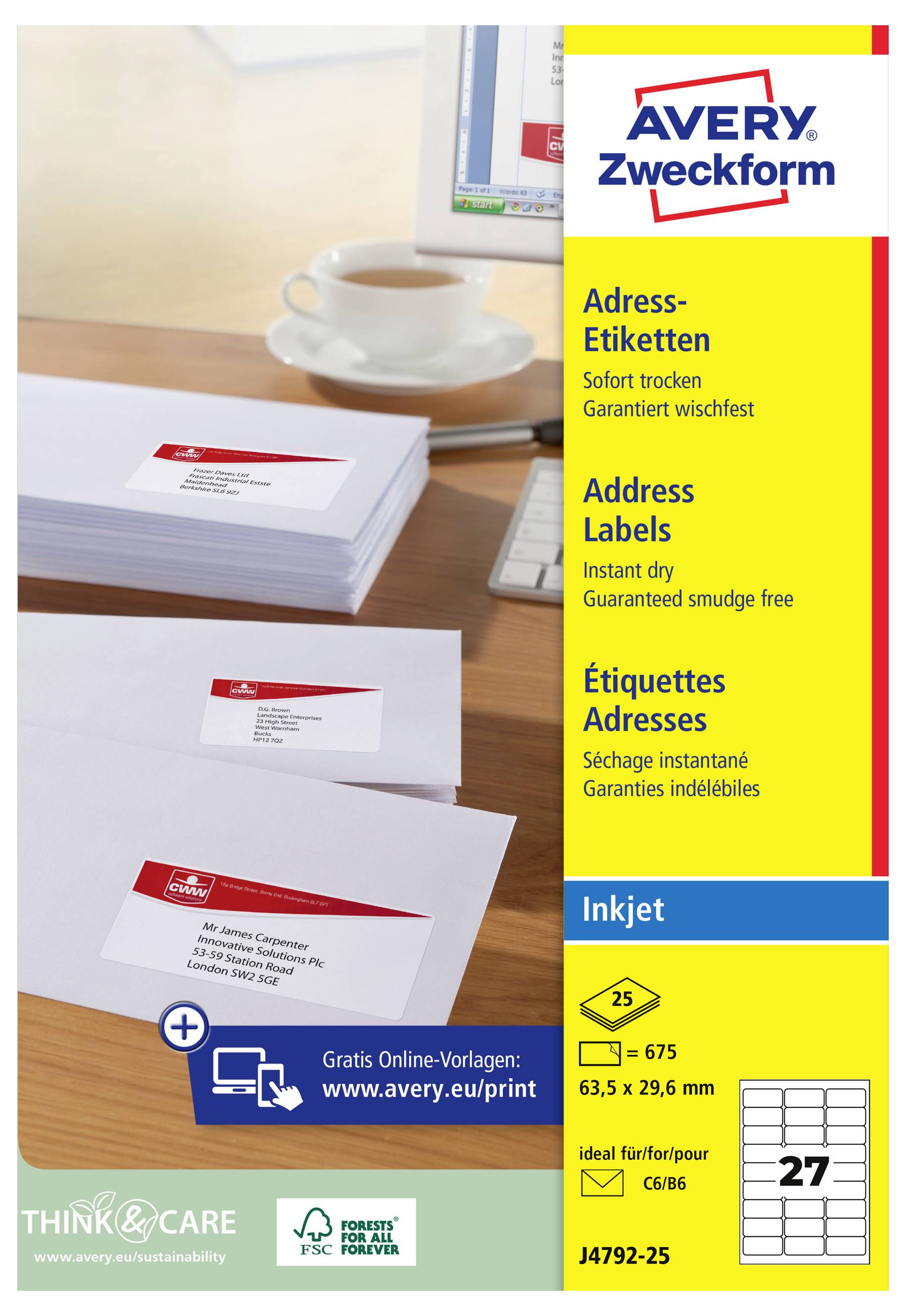 Avery Zweckform adresetiketpakket met inkjet-compatibele witte adresetiketten, direct droog en vlekvrij, met etiketformaat 63,5 x 29,6 mm en 675 etiketten per pak.