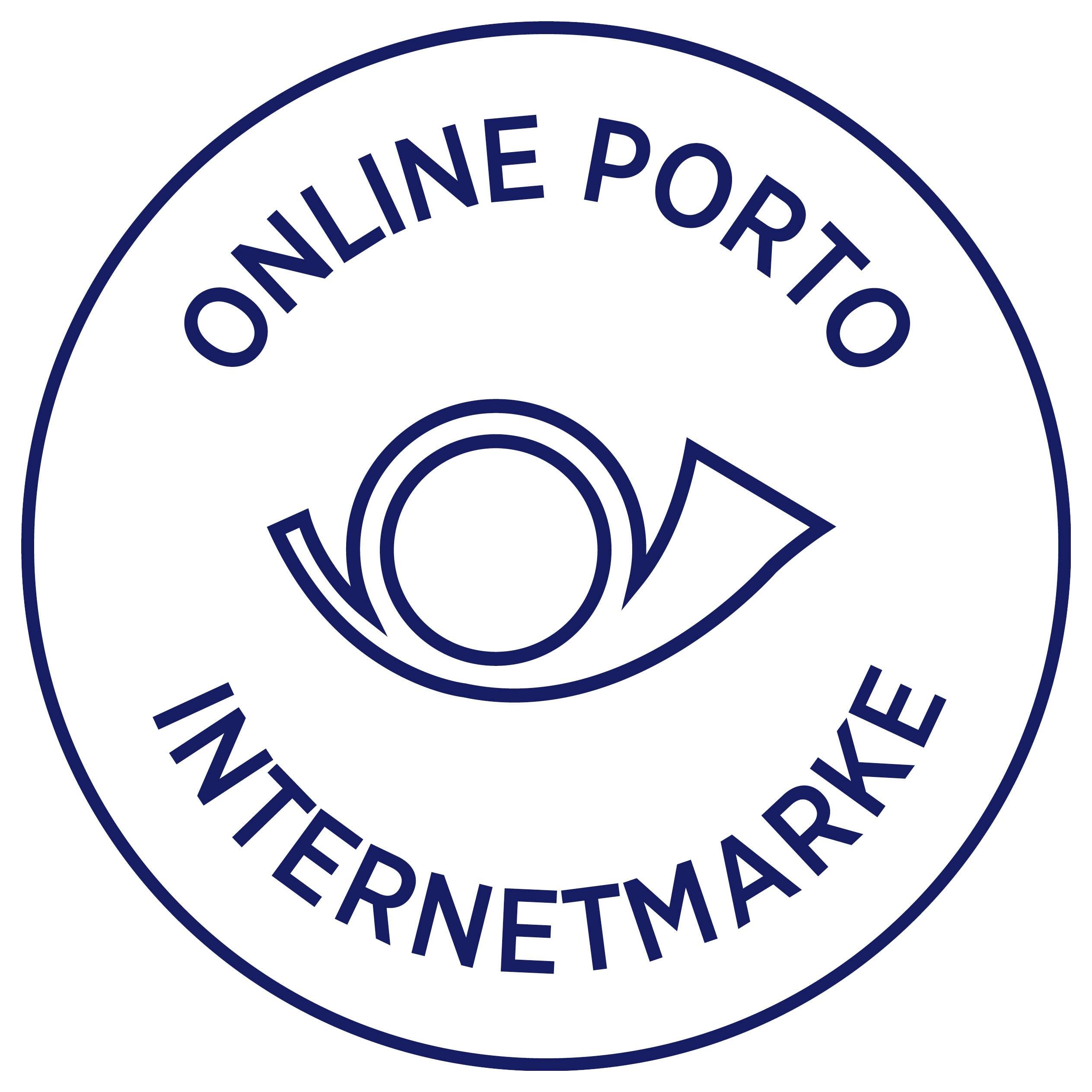 Rond logo met de opschrift 'ONLINE PORTO INTERNETMARKE' en gestileerd symbool in het midden.