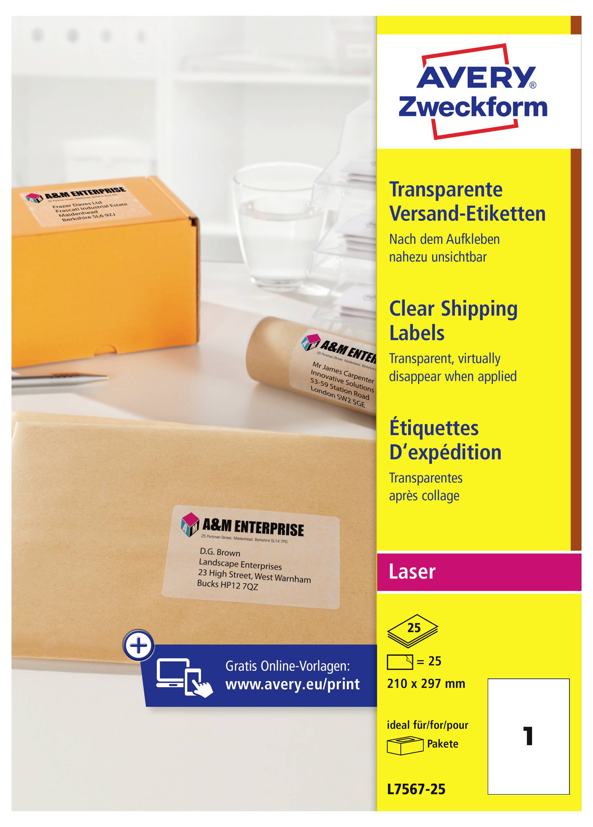 Avery Zweckform transparante verzendlabel-pakketverpakking met dozen en een rol etiketten, die transparante laserlabels promoot die verdwijnen wanneer ze worden aangebracht.