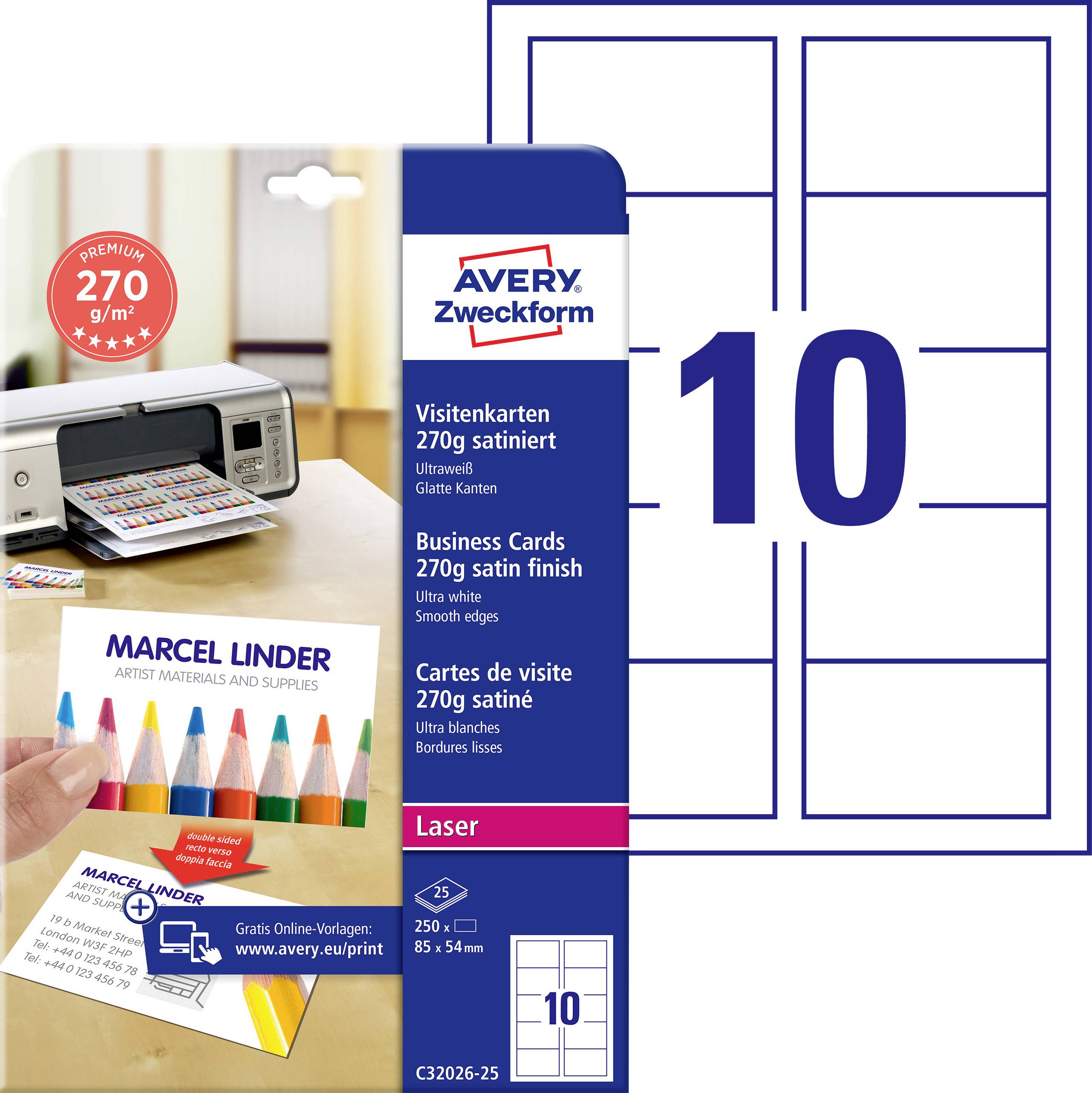 Avery Zweckform visitekaartjeslabelspakket, 10 etiketten per vel, afgebeeld met een printer en voorbeeldvisitekaartjes voor laserprinting.