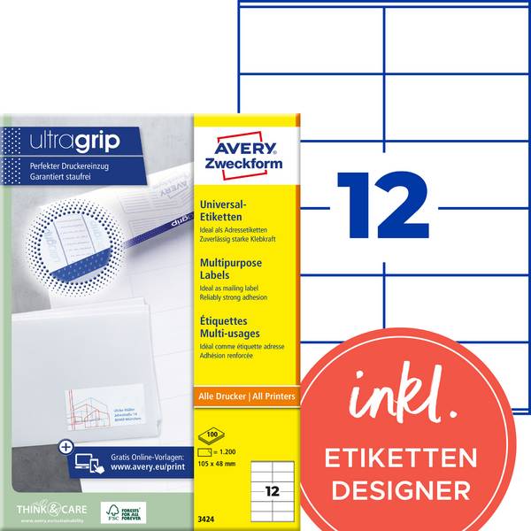 Avery-Zweckform 3424 Universele etiketten 105 x 48 mm Papier Wit 1200 stuk(s) Permanent hechtend Inkjet, Laser (zwart/wit), Laser (kleur), Kopiëren (zwart/wit), Kopiëren (kleur), Handschriften