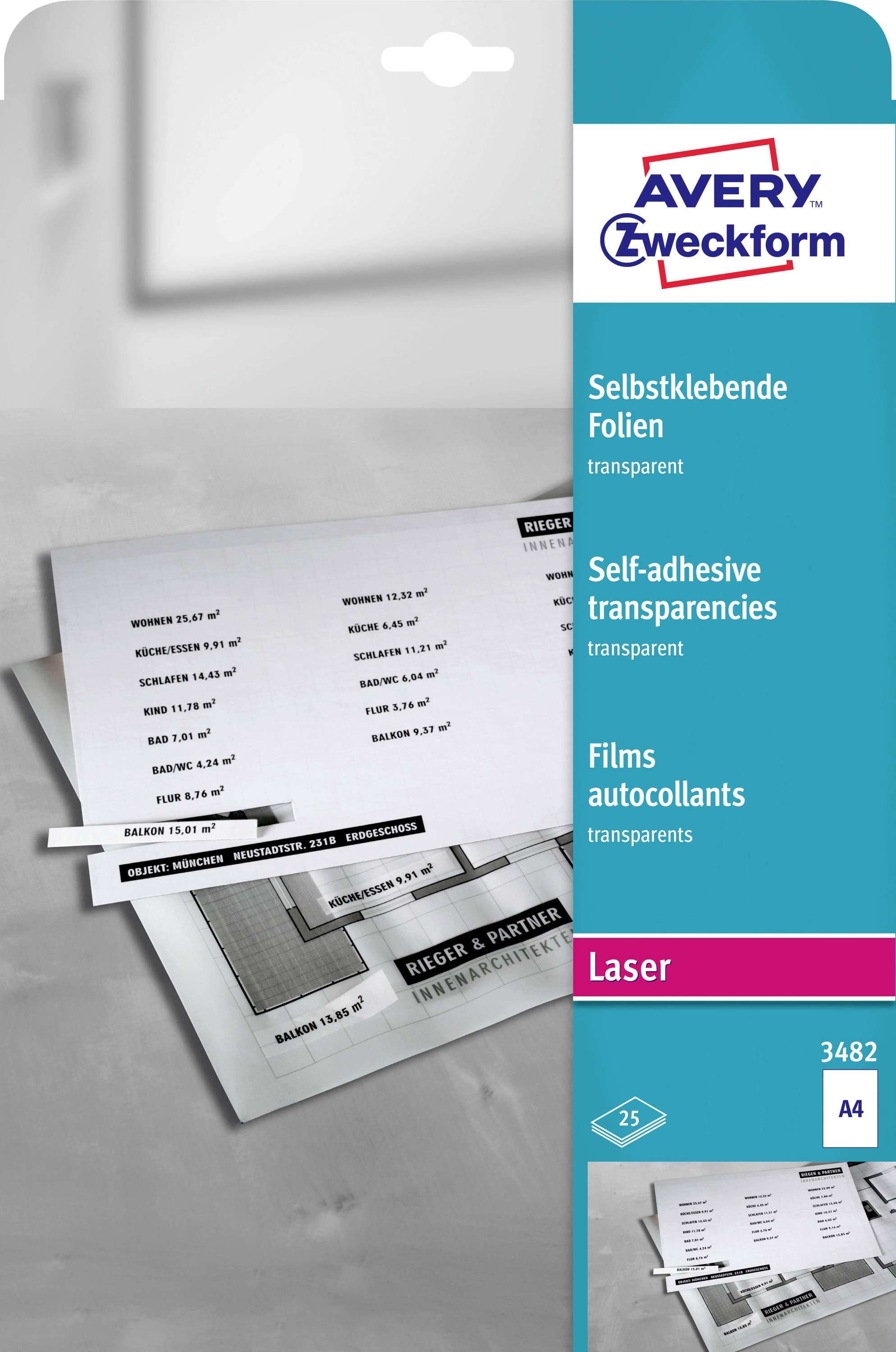 Avery Zweckform zelfklevende transparante laserfilm verpakking, met voorbeeldvellen op de voorzijde en A4-formaat 3482 etiket.