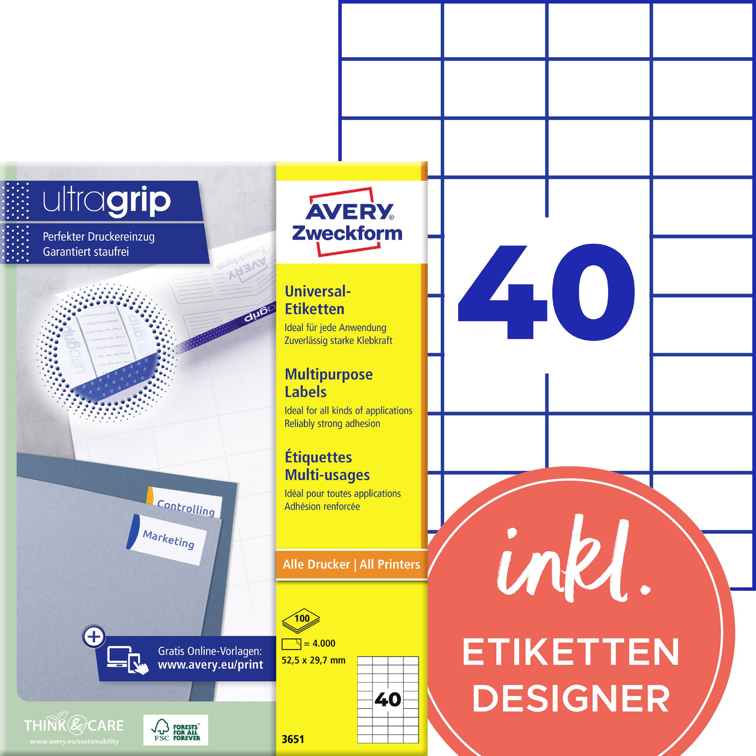 Avery-Zweckform 3651 Universele etiketten 52.5 x 29.7 mm Papier Wit 4000 stuk(s) Permanent hechtend Inkjet, Laser (zwart/wit), Laser (kleur), Kopiëren