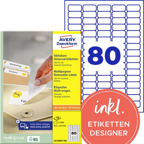 Avery-Zweckform L4732REV-100 Universele etiketten 35.6 x 16.9 mm Papier Wit 8000 stuk(s) Weer verwijderbaar Inkjet, Laser (zwart/wit), Laser (kleur), Kopiëren (zwart/wit), Kopiëren (kleur), Handschriften