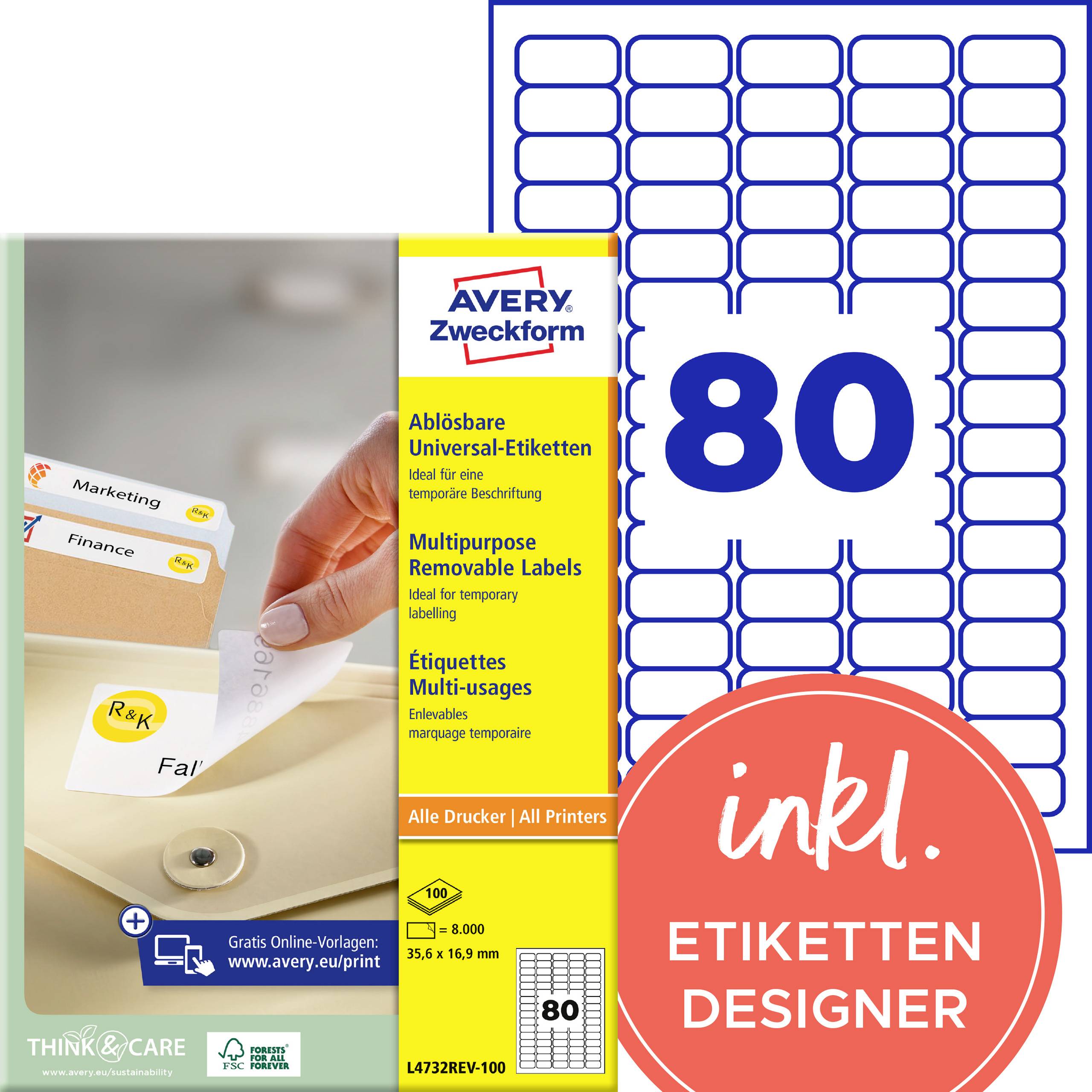 Etiketten van het merk Avery Zweckform, geschikt voor alle printers, verwijderbaar, 80 stuks per vel. Ideaal voor diverse toepassingen.