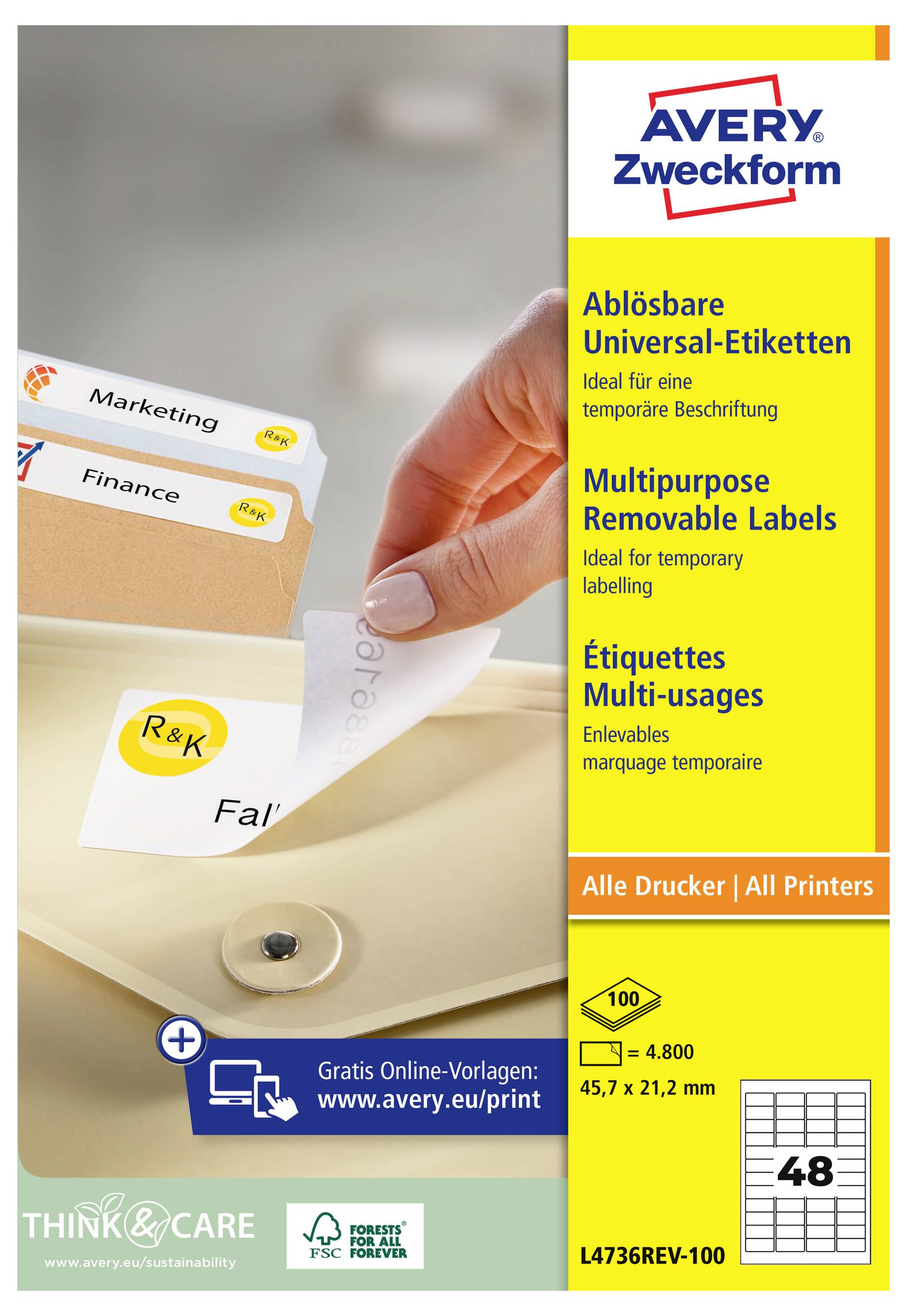 Avery Zweckform verwijderbare etiketten verpakking met hand die een etiket van een bestandsmap afpelt; toont 'Multifunctionele Verwijderbare Etiketten' en maat 45,7 x 21,2 mm.