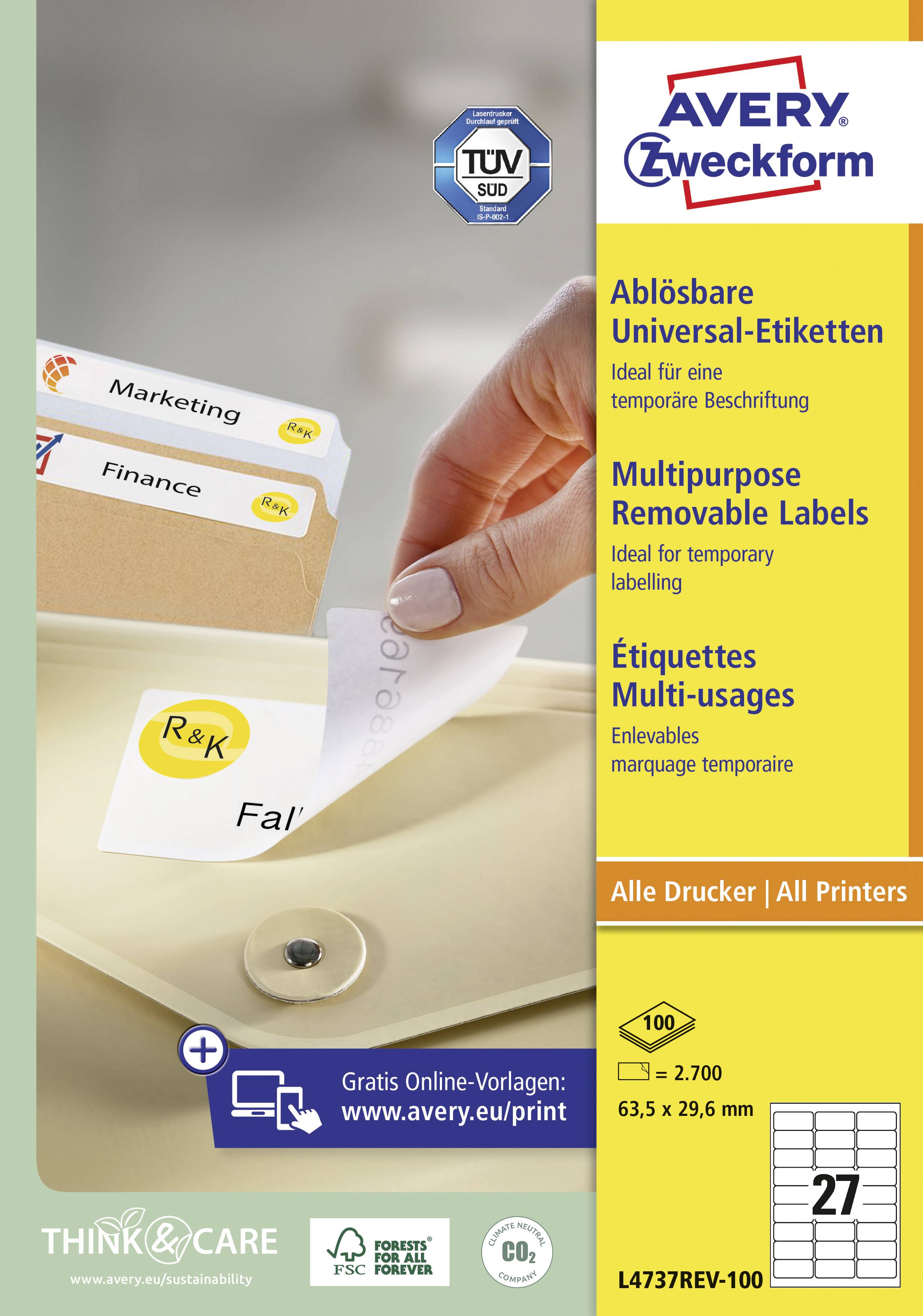 'Labels van Avery Zweckform, ideaal voor tijdelijke etikettering. Geschikt voor alle printers. Label wordt uit een map getrokken.'