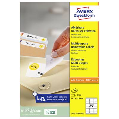 Avery Zweckform verwijderbare etiketten advertentie met afbeelding van een hand die een etiket van een map afpelt, met meertalige tekst en afmetingsgegevens voor alle printers.