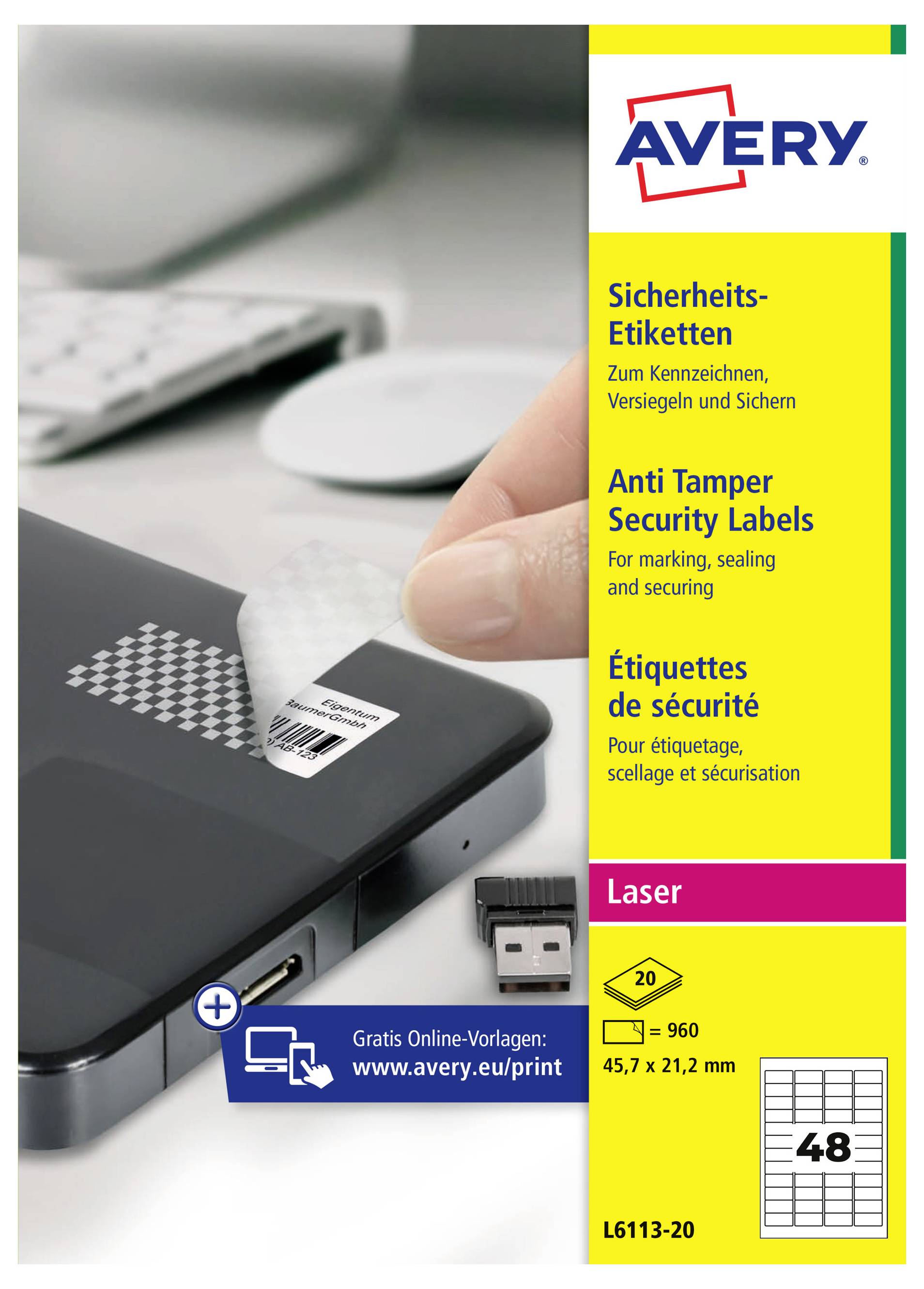 Avery anti-inbreuk beveiligingslabels voor laserprinters, weergegeven op een geel productpakket met printerlabelvel en afbeelding van USB-apparaat.