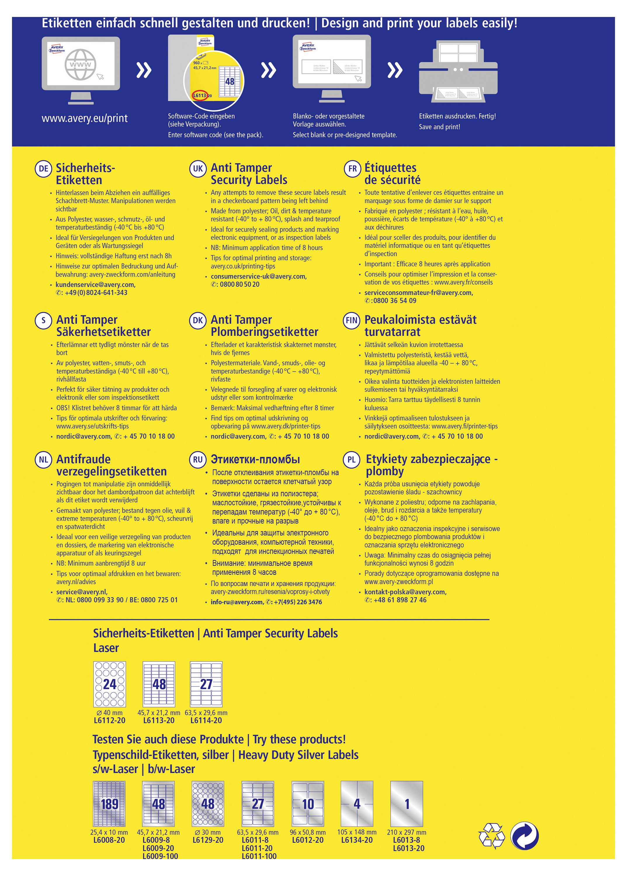 Promotieaffiche voor Avery Zweckform labels, met een 4-staps proces voor het ontwerpen en afdrukken van labels, met meertalige producttypen en voorbeeldetiketbladen onderaan.