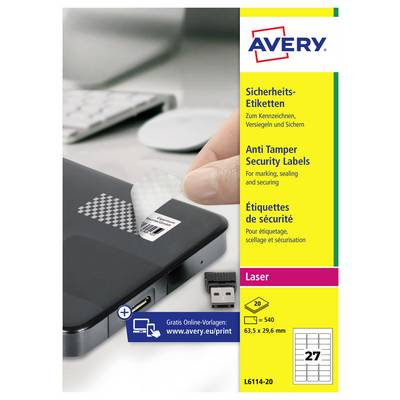 Avery beveiligingsetiketten verpakking met een hand die een manipulatiedetectie-etiket op een zwart apparaat aanbrengt; tekst zegt 'Anti Tamper Security Labels' en 'Laser'.