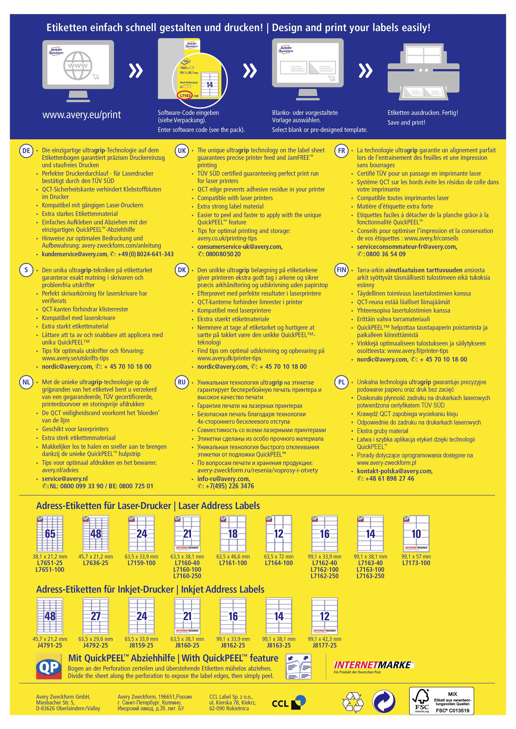 Avery-Zweckform L7159-100 Adresetiketten 63.5 x 33.9 mm Papier Wit 2400 stuk(s) Permanent hechtend Inkjet, Laser (zwart/-10