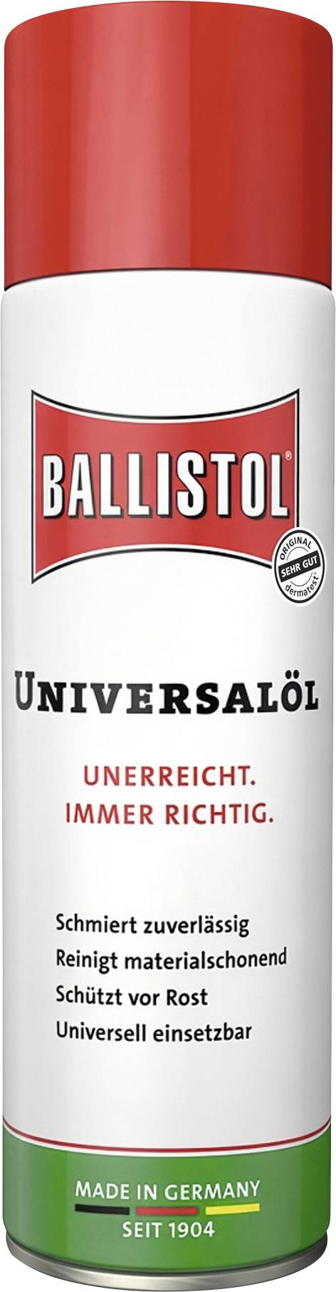 Ballistol universele olie sprayblik met rood dop en wit etiket waarop 'BALLISTOL UNIVERSALÖL', 'UNERREICHT. IMMER RICHTIG.' en 'MADE IN GERMANY SEIT 1904' staat.