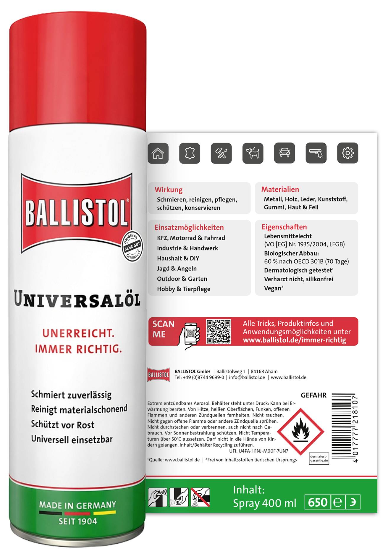 Ballistol Universele oliespray blik, 400 ml, met etiket met gebruiksaanwijzingen zoals reinigen, smeren en roestbescherming.