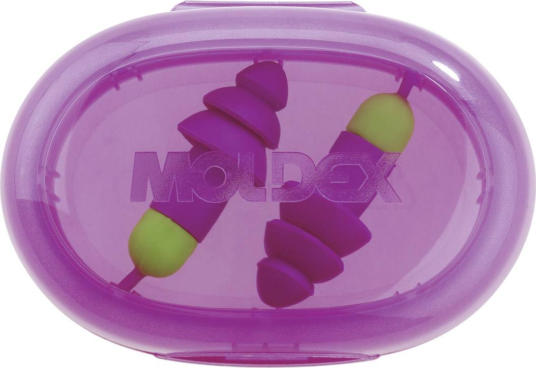 Twee paars gekleurde oordopjes met groene uiteinden in een transparante, paarse bewaardoos met het opschrift 'Moldex'.