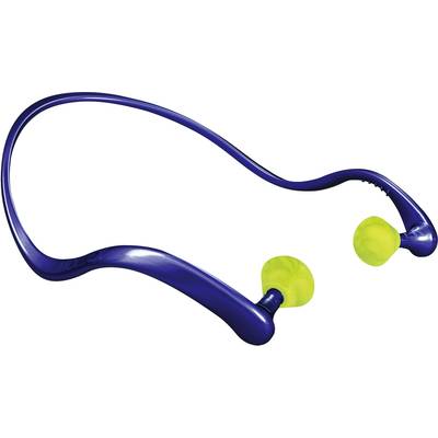 Een paar blauw-gele zwemkoptelefoons met nekbeugel en geïntegreerde oordopjes om te dragen tijdens het zwemmen.