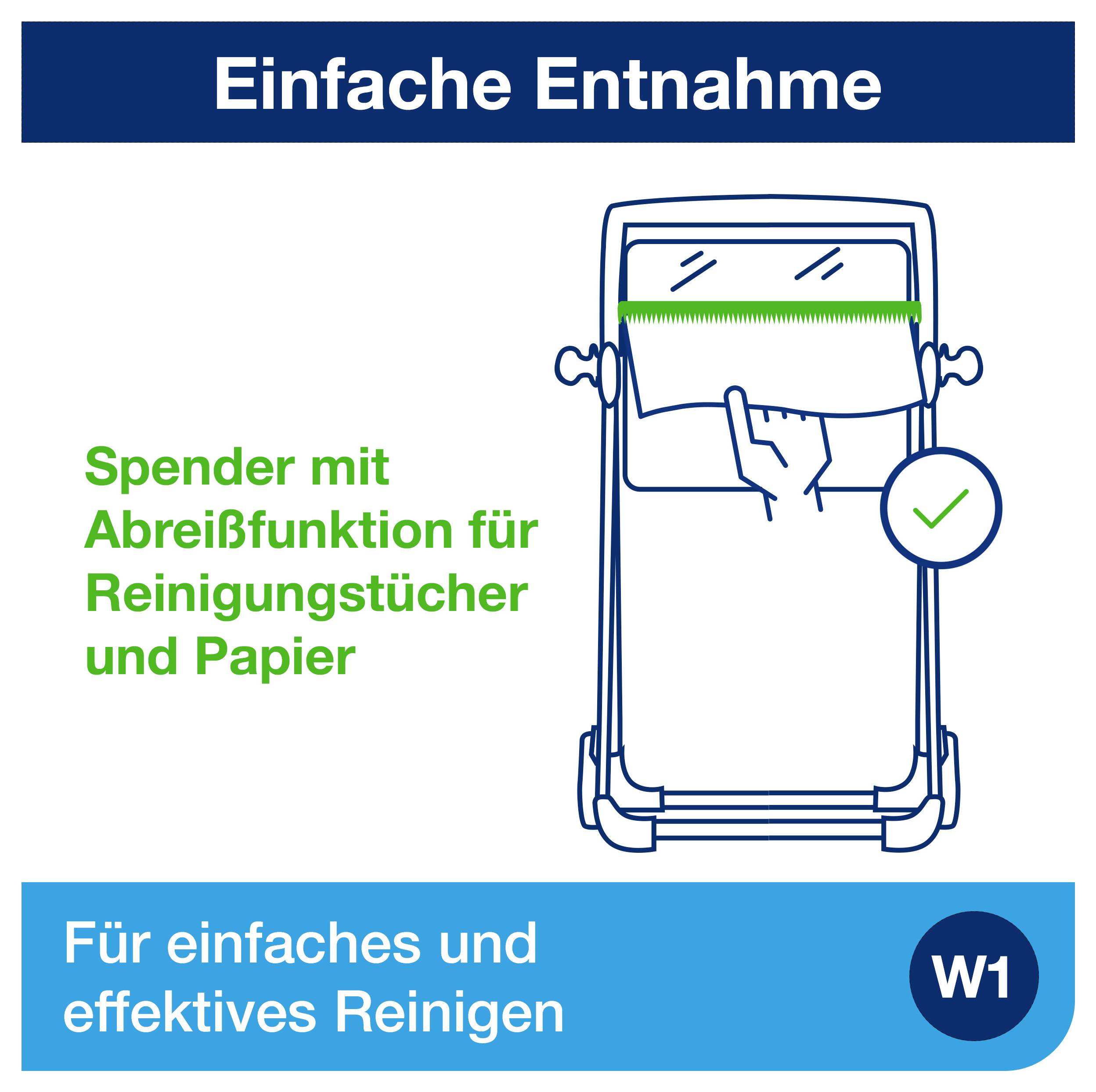 Afbeelding van een dispenser met scheurmechanisme; titel 'Gemakkelijke verwijdering', verwijzing naar reinigingsdoekjes en papier, onderaan 'Voor gemakkelijk en effectief reinigen' met W1-symbool.