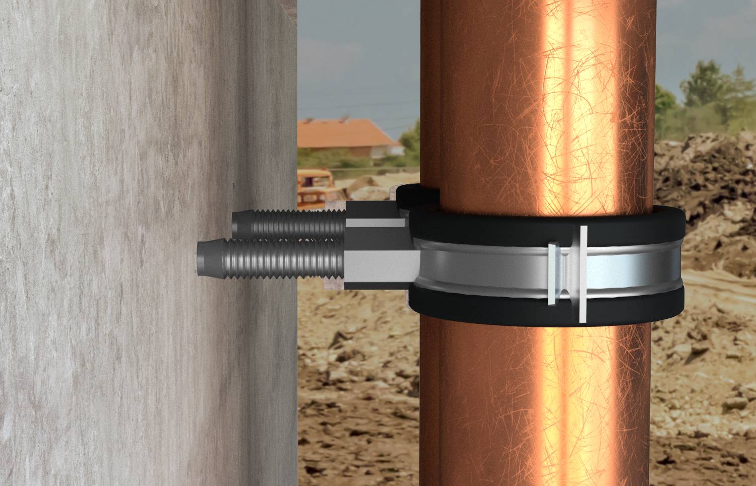 Metalen pijpklem beveiligd een koperen pijp aan een betonnen wand, met een draadschroef aan de linkerkant