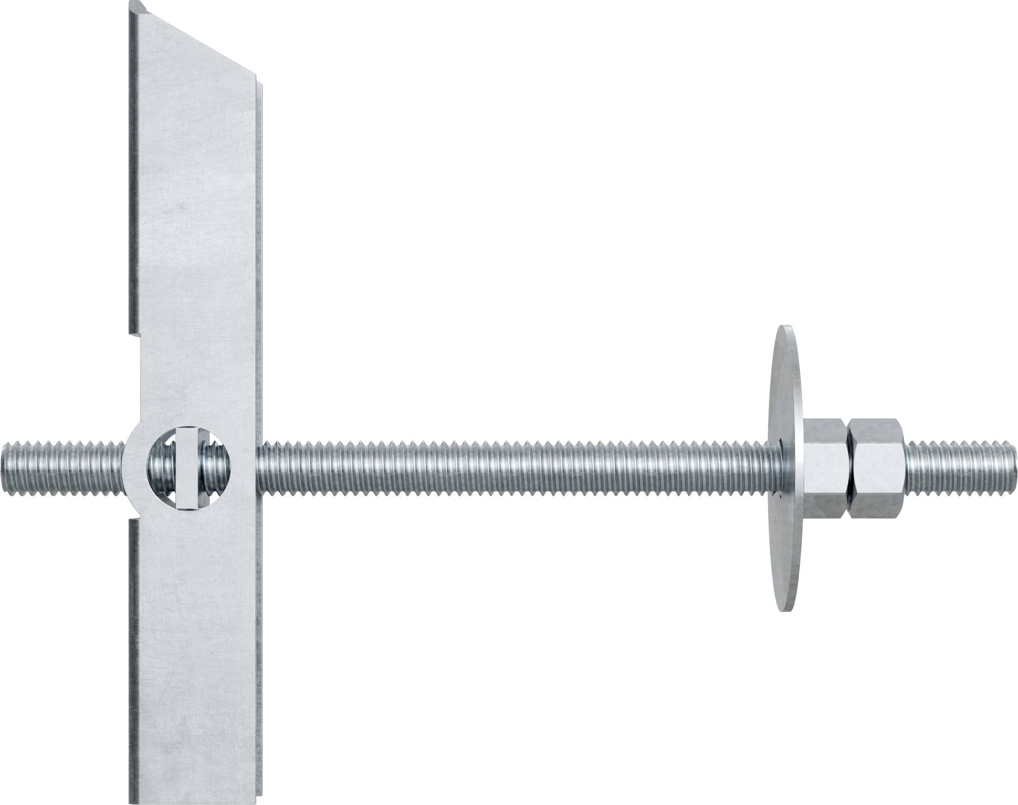 Metalen staaf die door een verticale beugel gaat, aan de rechterkant beveiligd met een sluitring en zeskantmoer.