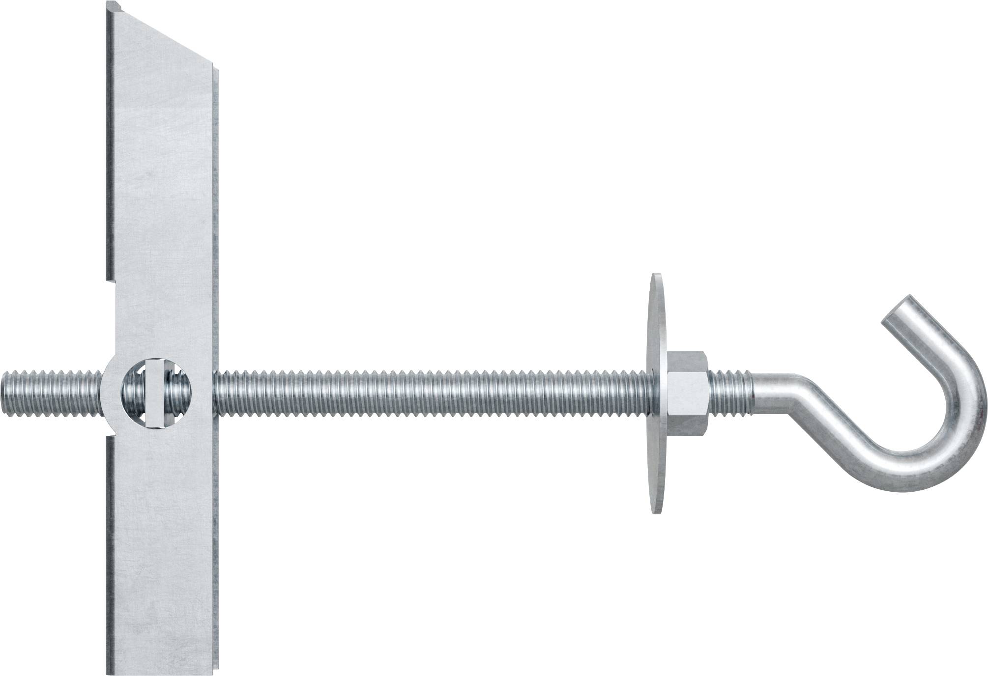 Een metalen vleugelbouten met een haakuiteinde gaat door een wandpaneel, met een moer en sluitring die het op zijn plaats beveiligen.