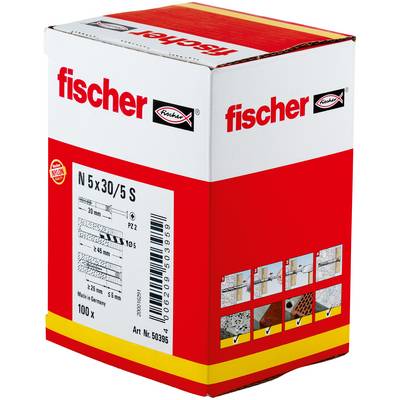 Doos Fischer N 5x30/5 S nylon muurpluggen, afgebeeld met productlabel en installatiehandleidingen.